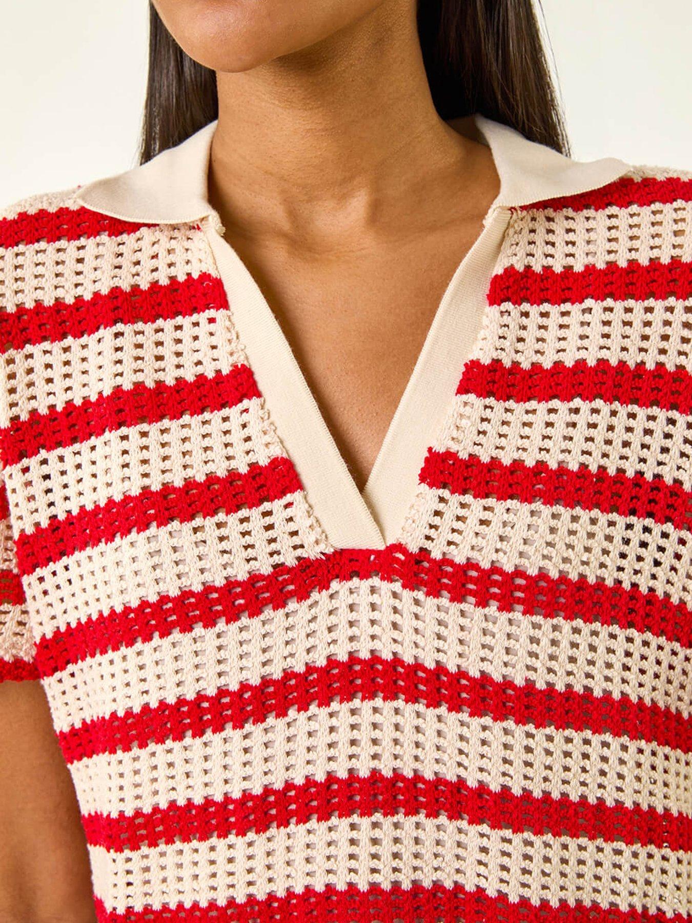  image of roman-stripe-crochet-collar-knit-top