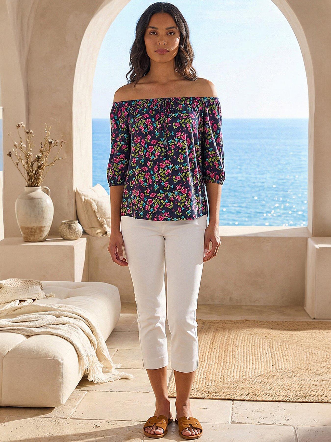 Roman Floral Print Stretch Bardot Top