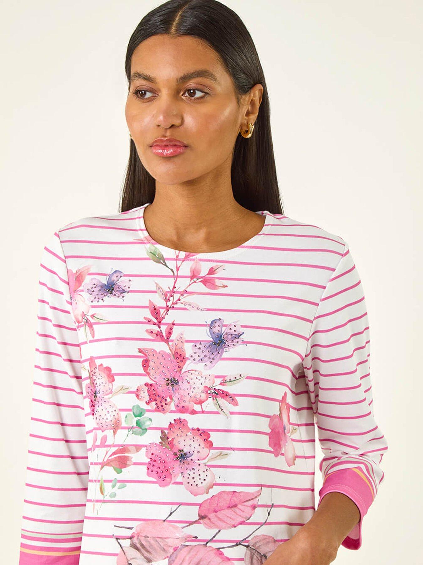  image of roman-stripe-floral-print-stretch-top