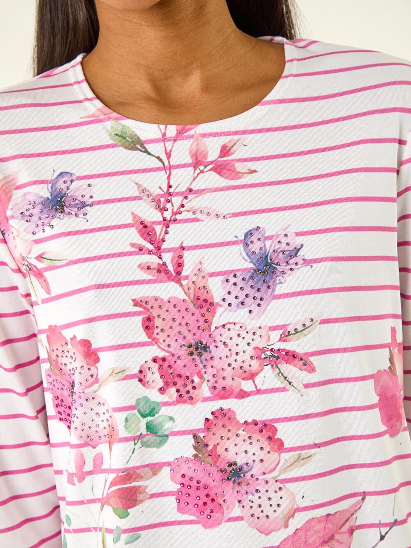  image of roman-stripe-floral-print-stretch-top