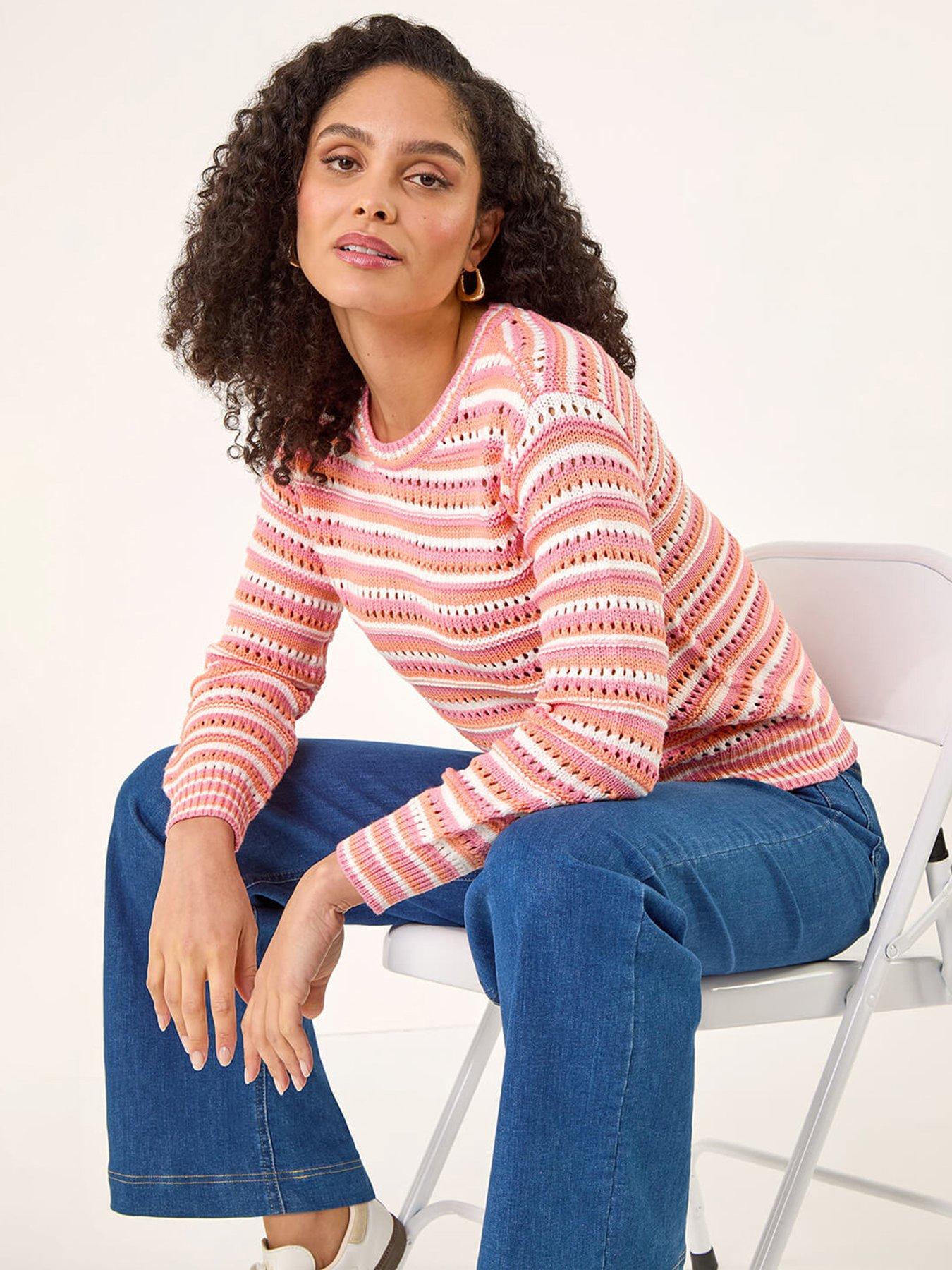  image of roman-stripe-pointelle-crew-neck-knit