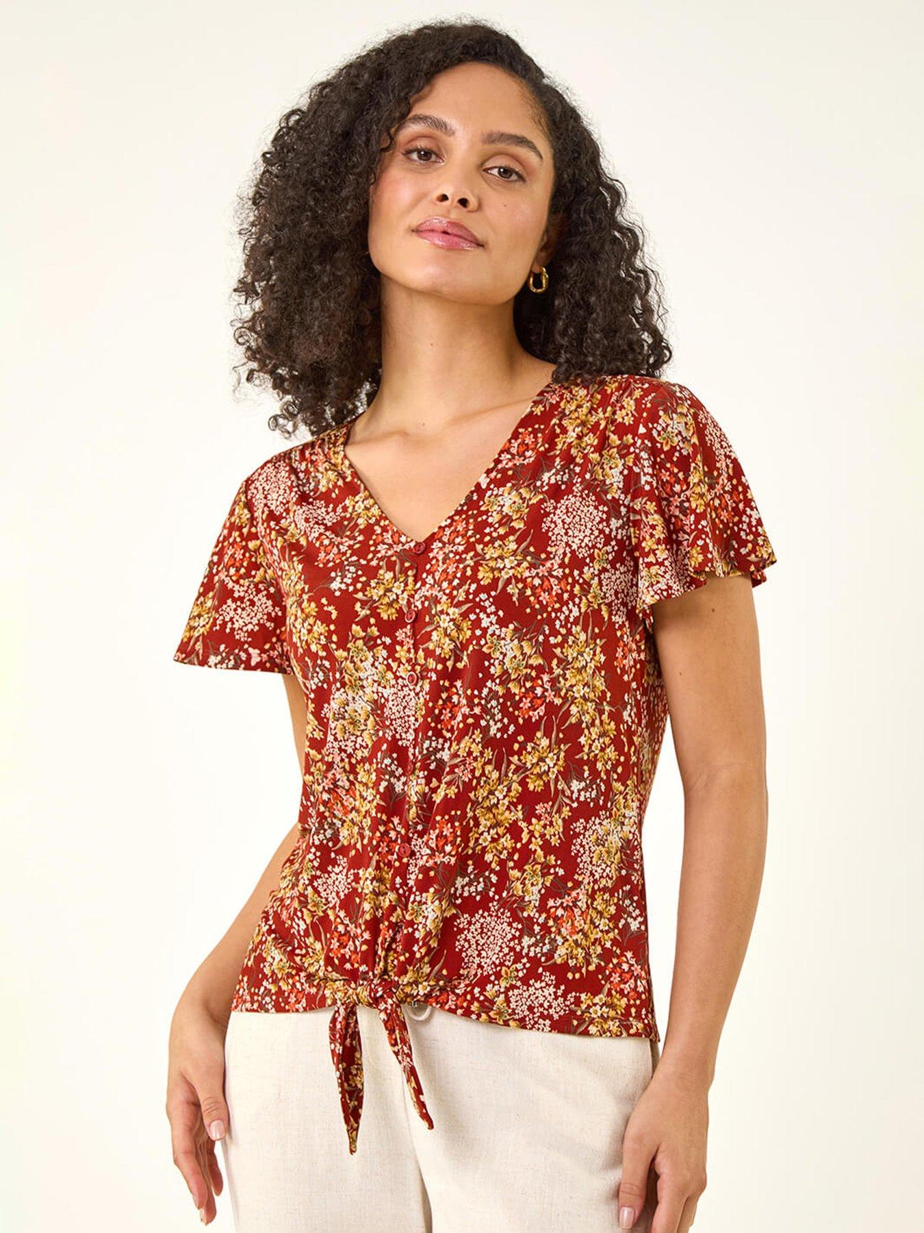 image of roman-floral-tie-front-stretch-top