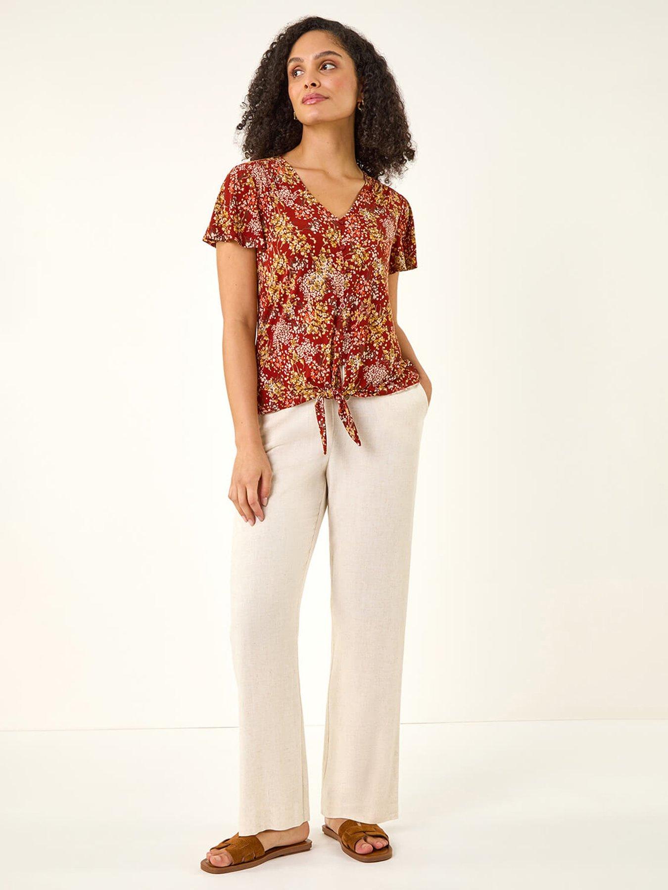  image of roman-floral-tie-front-stretch-top