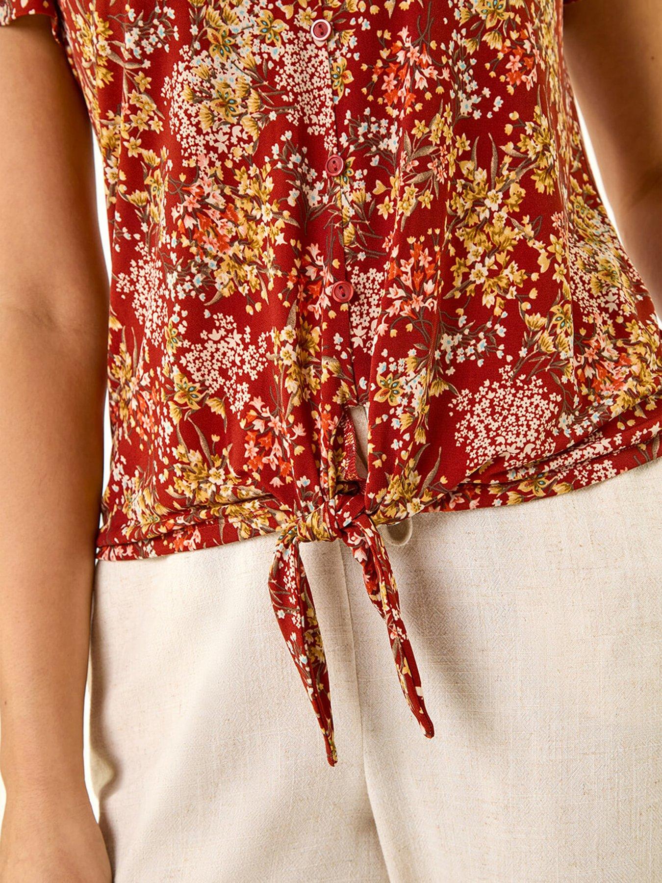  image of roman-floral-tie-front-stretch-top