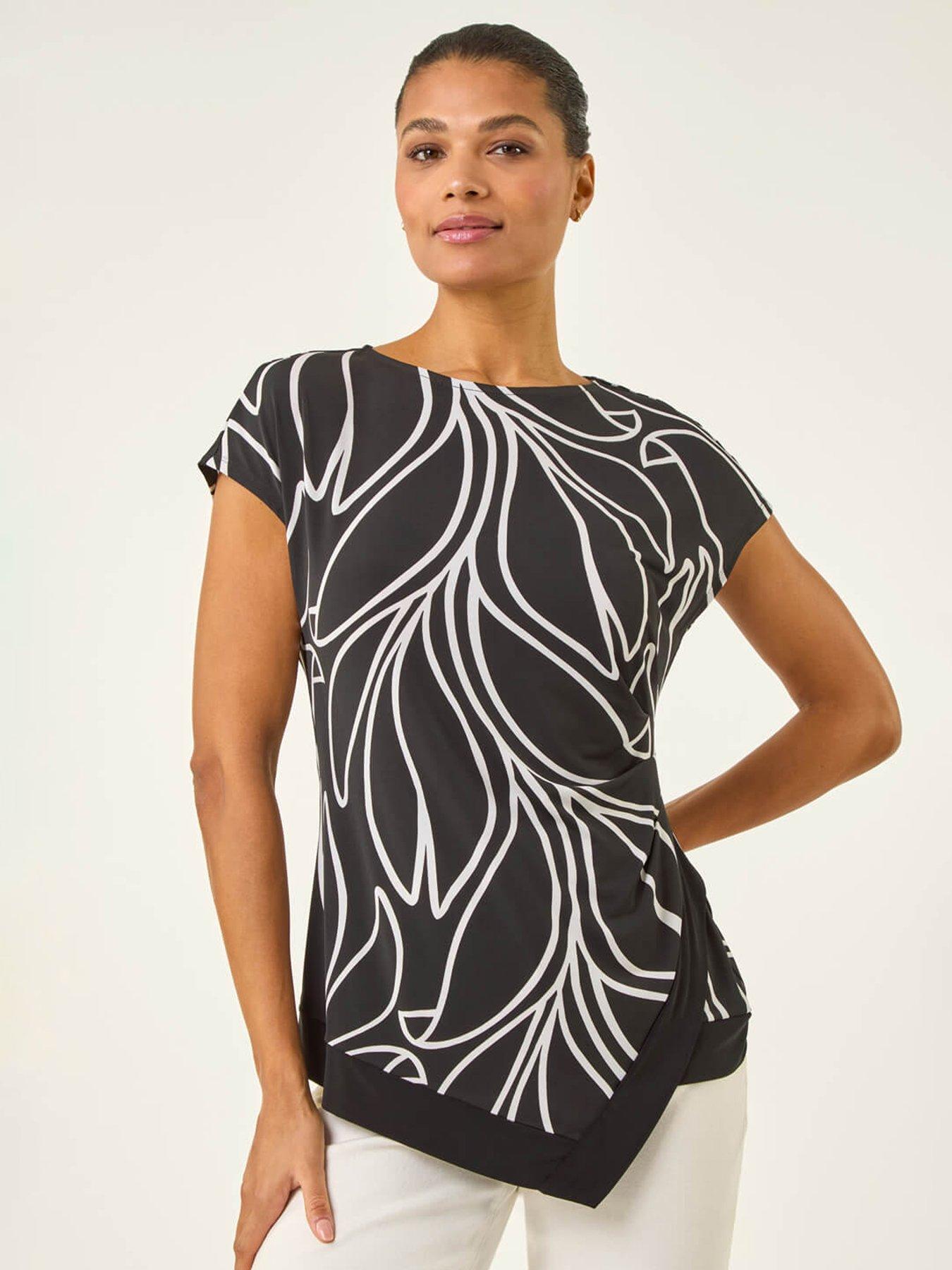 Image 1 of 5 of Roman Floral Print Asymmetric Stretch Top
