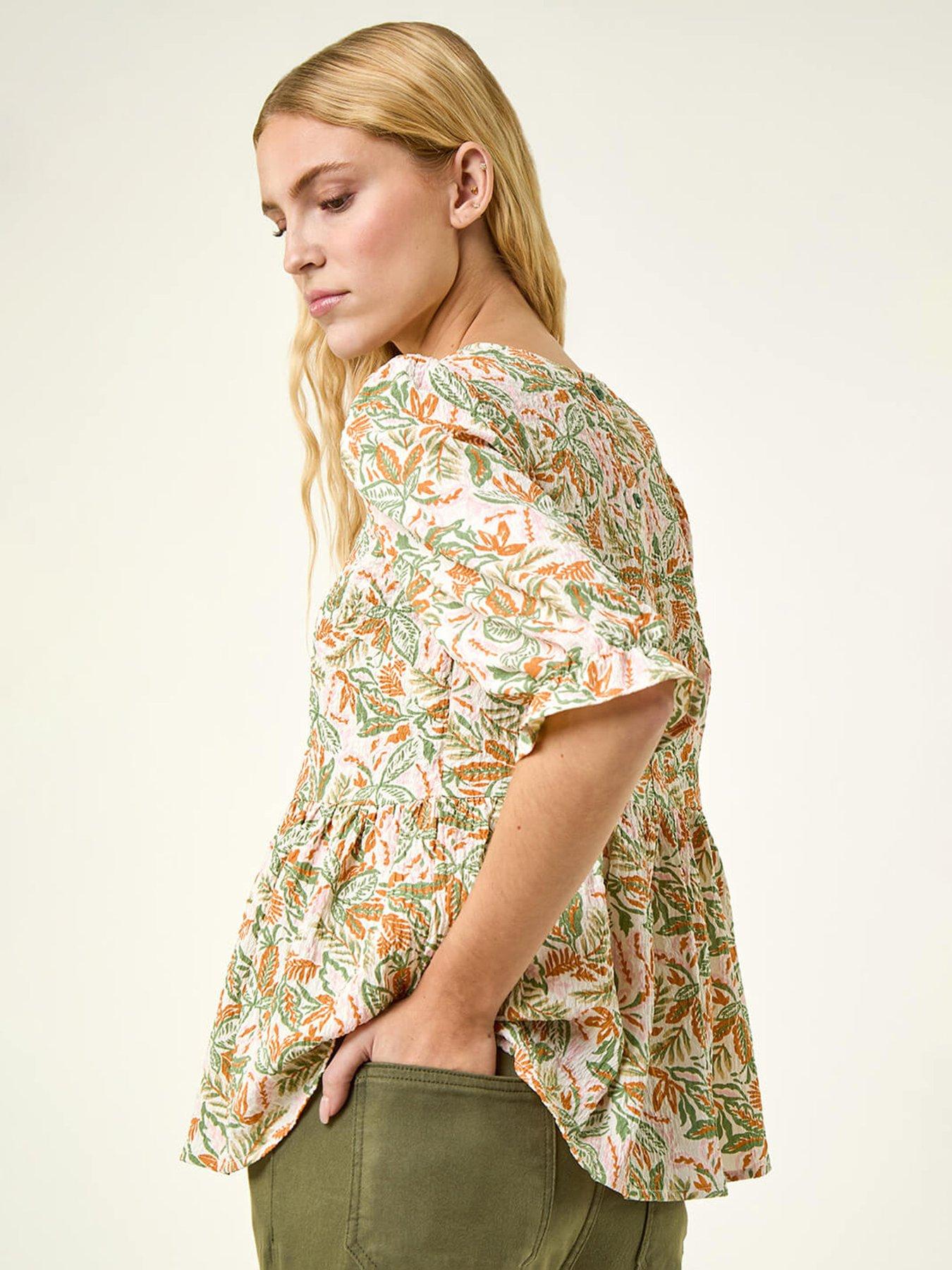 Image 3 of 5 of Roman Leaf Print Textured Stretch Top