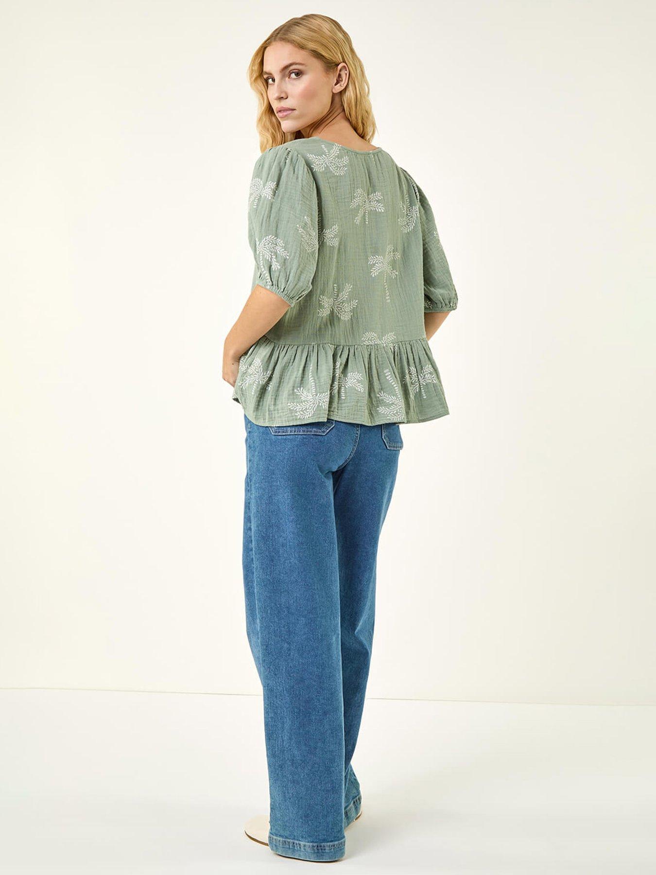  image of roman-palm-tree-print-peplum-top