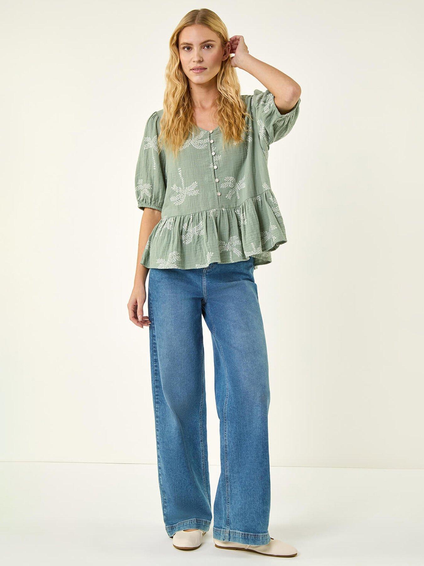  image of roman-palm-tree-print-peplum-top