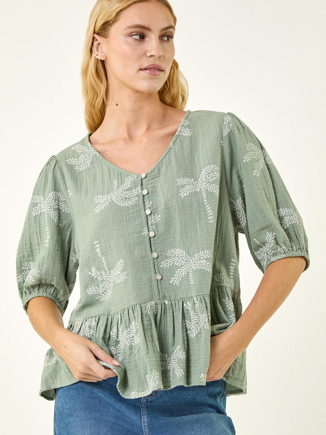  image of roman-palm-tree-print-peplum-top