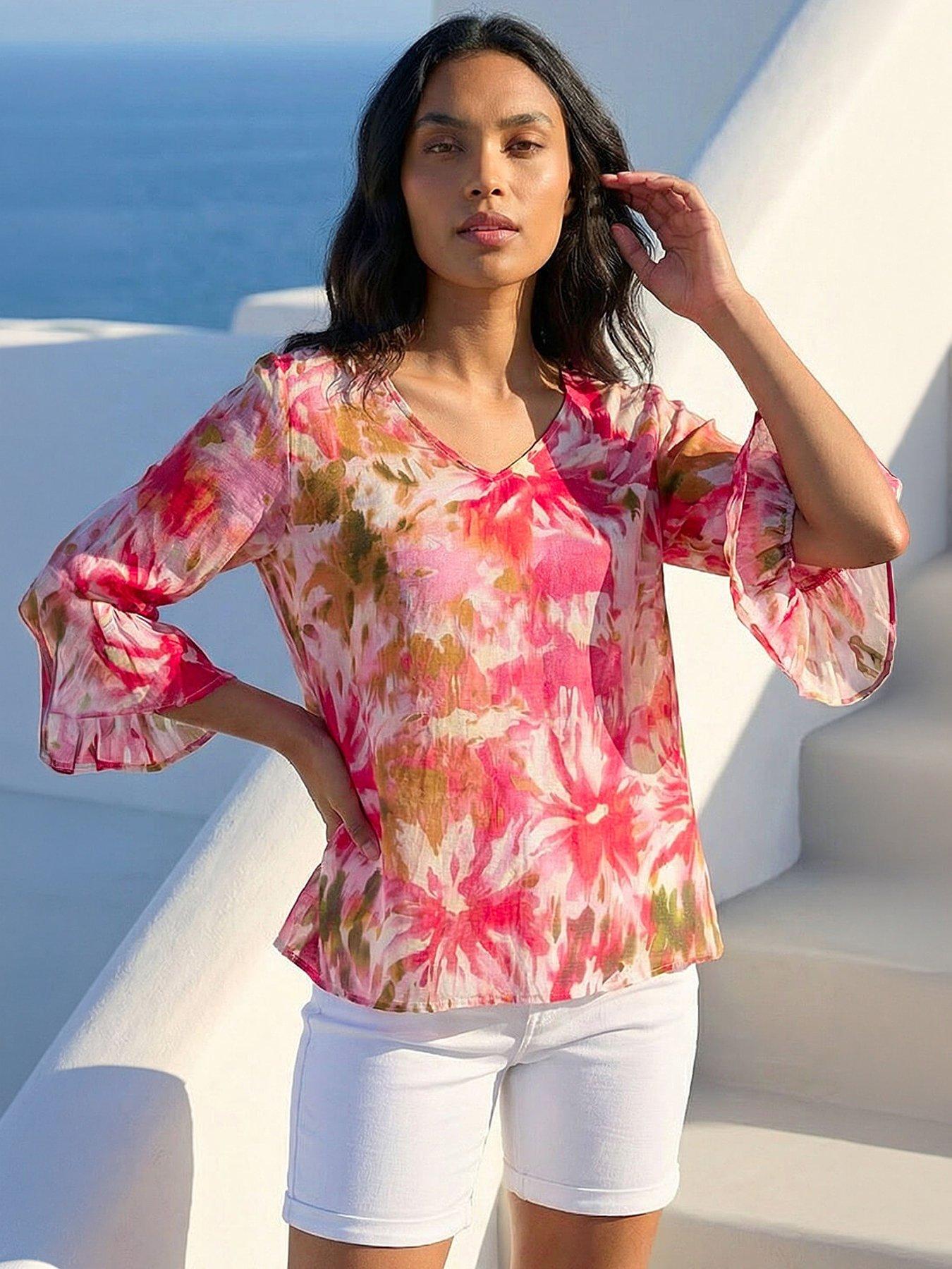 Roman Abstract Floral Flare Sleeve Top