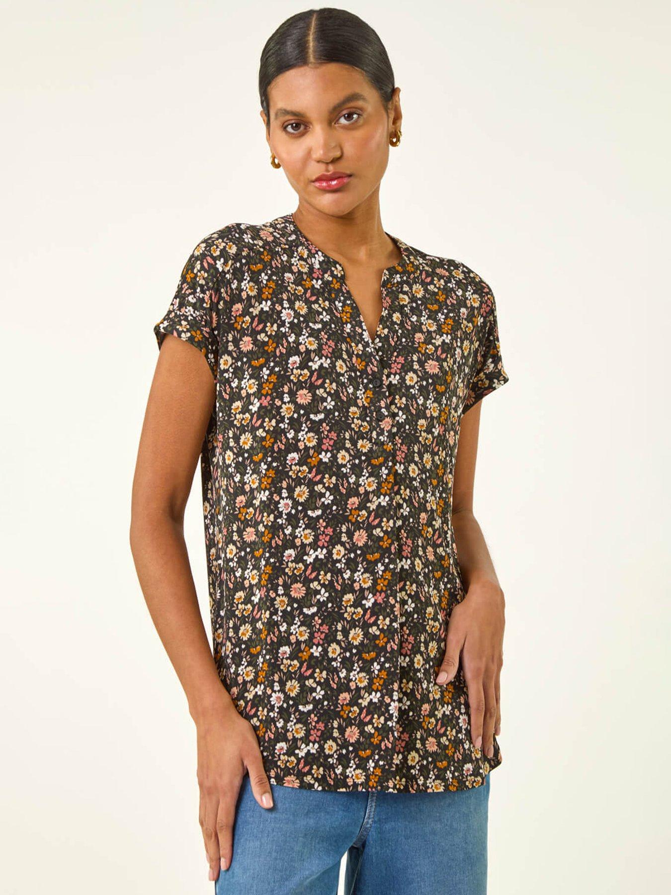 Roman Floral Puff Print Collared Top