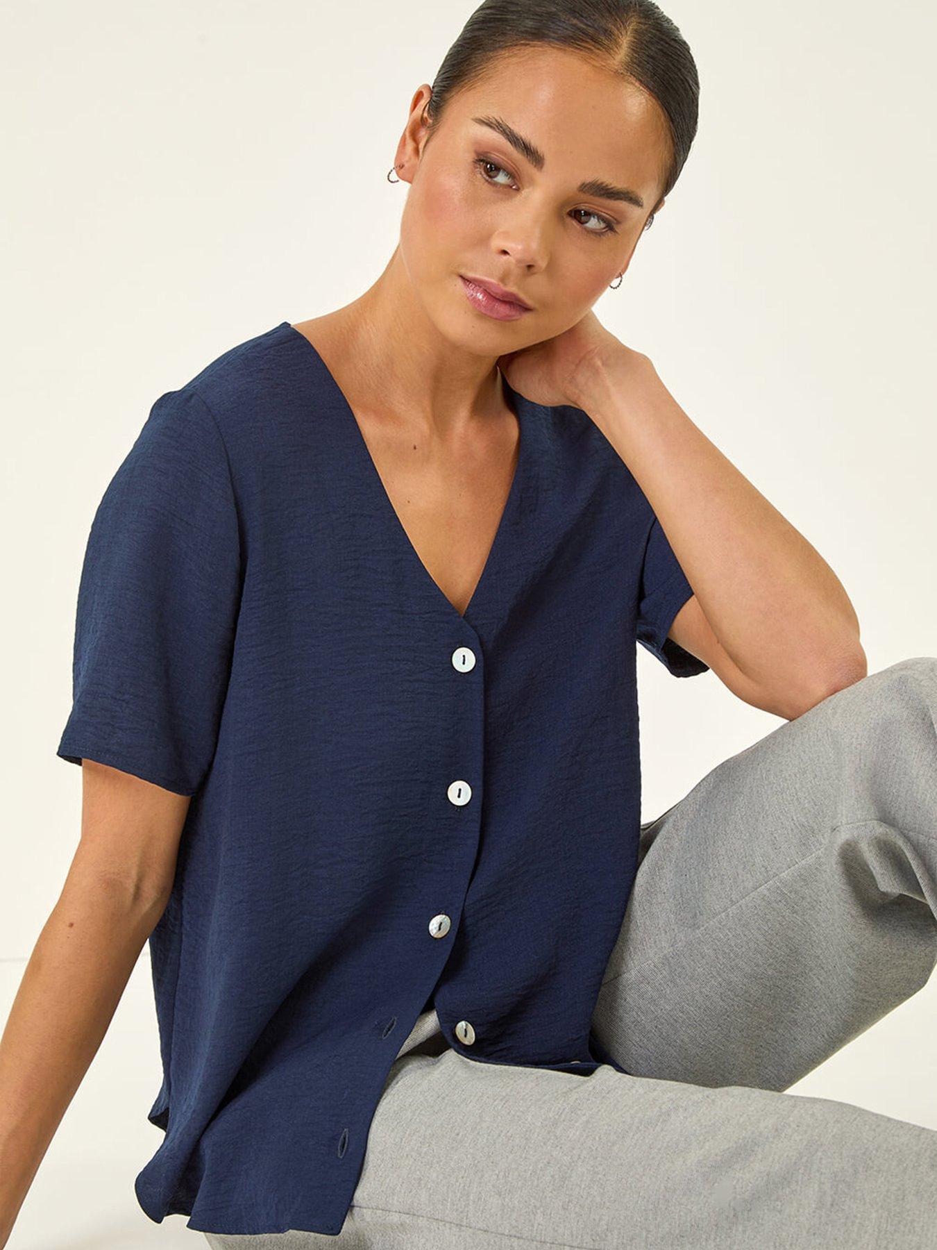 front image of roman-petite-v-neck-button-through-blouse