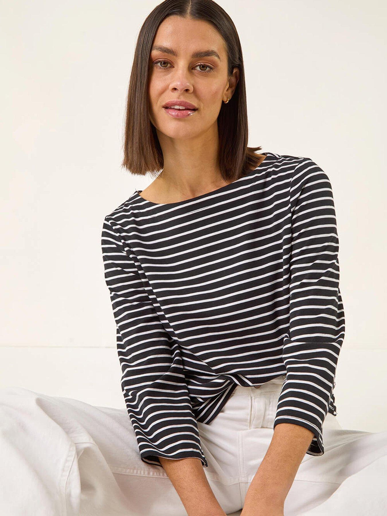 Roman Stripe Print Boat Neck Top