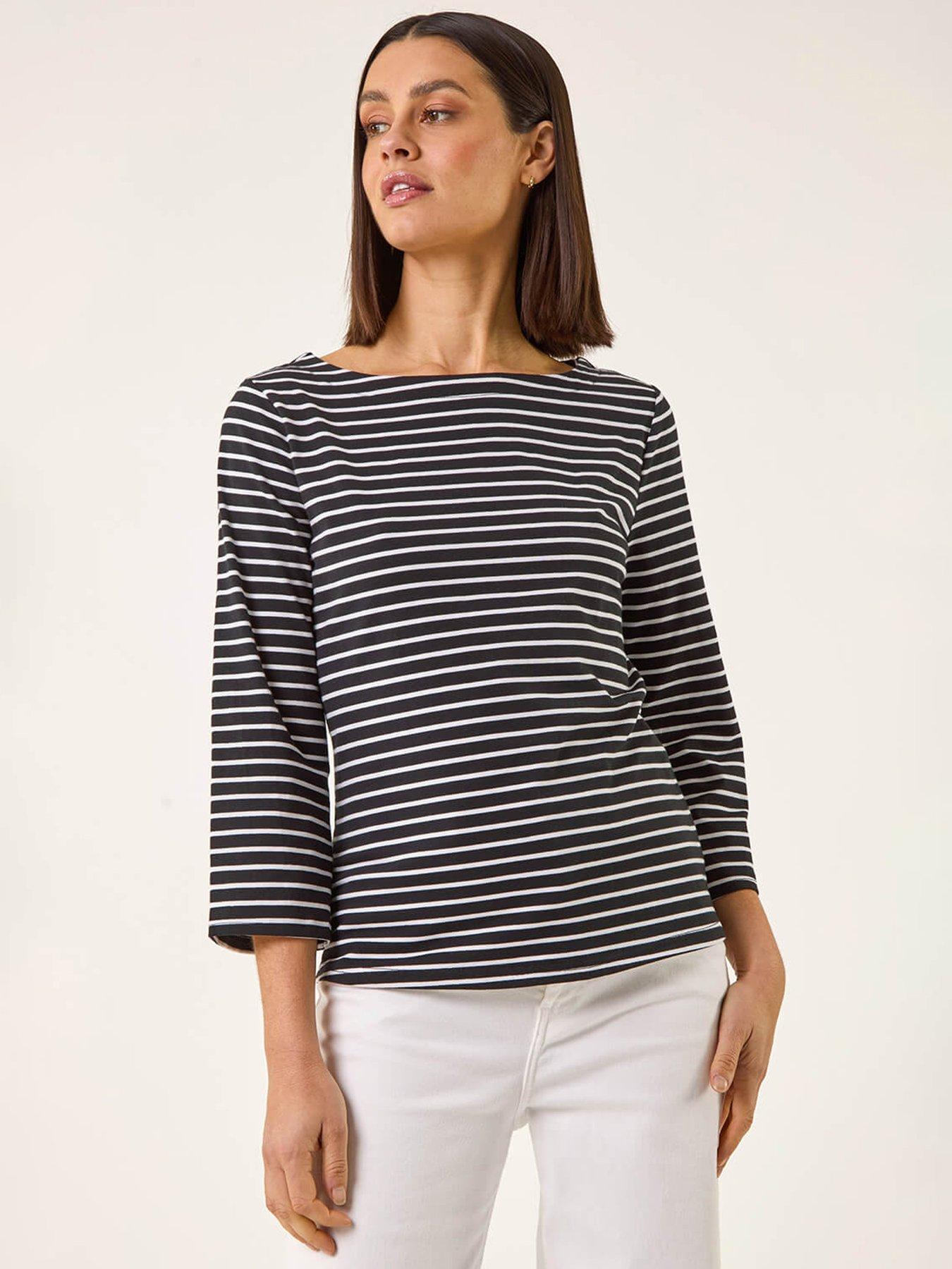  image of roman-stripe-print-boat-neck-top
