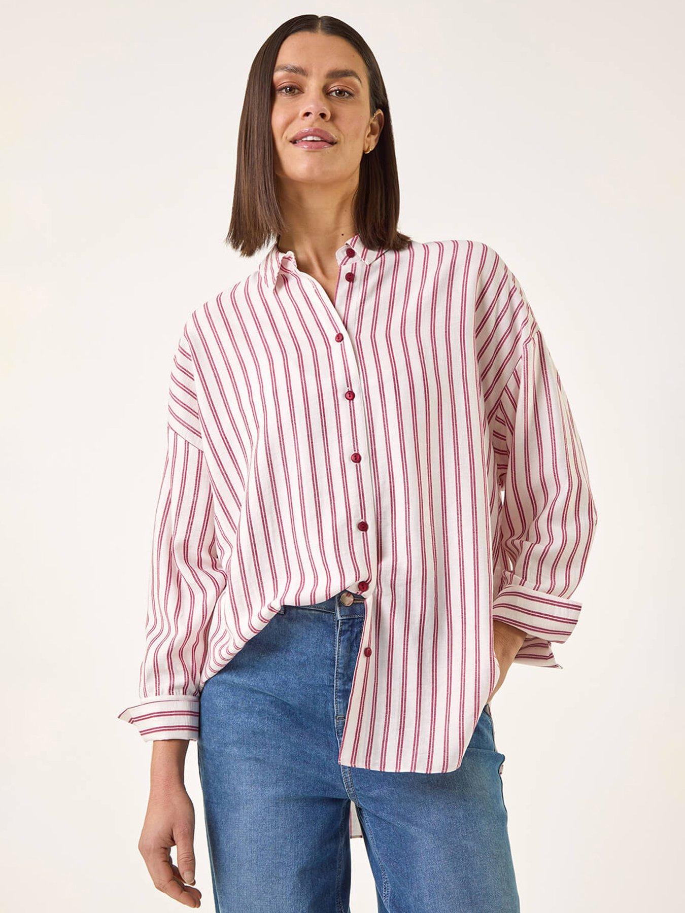 front image of roman-stripe-print-button-blouse