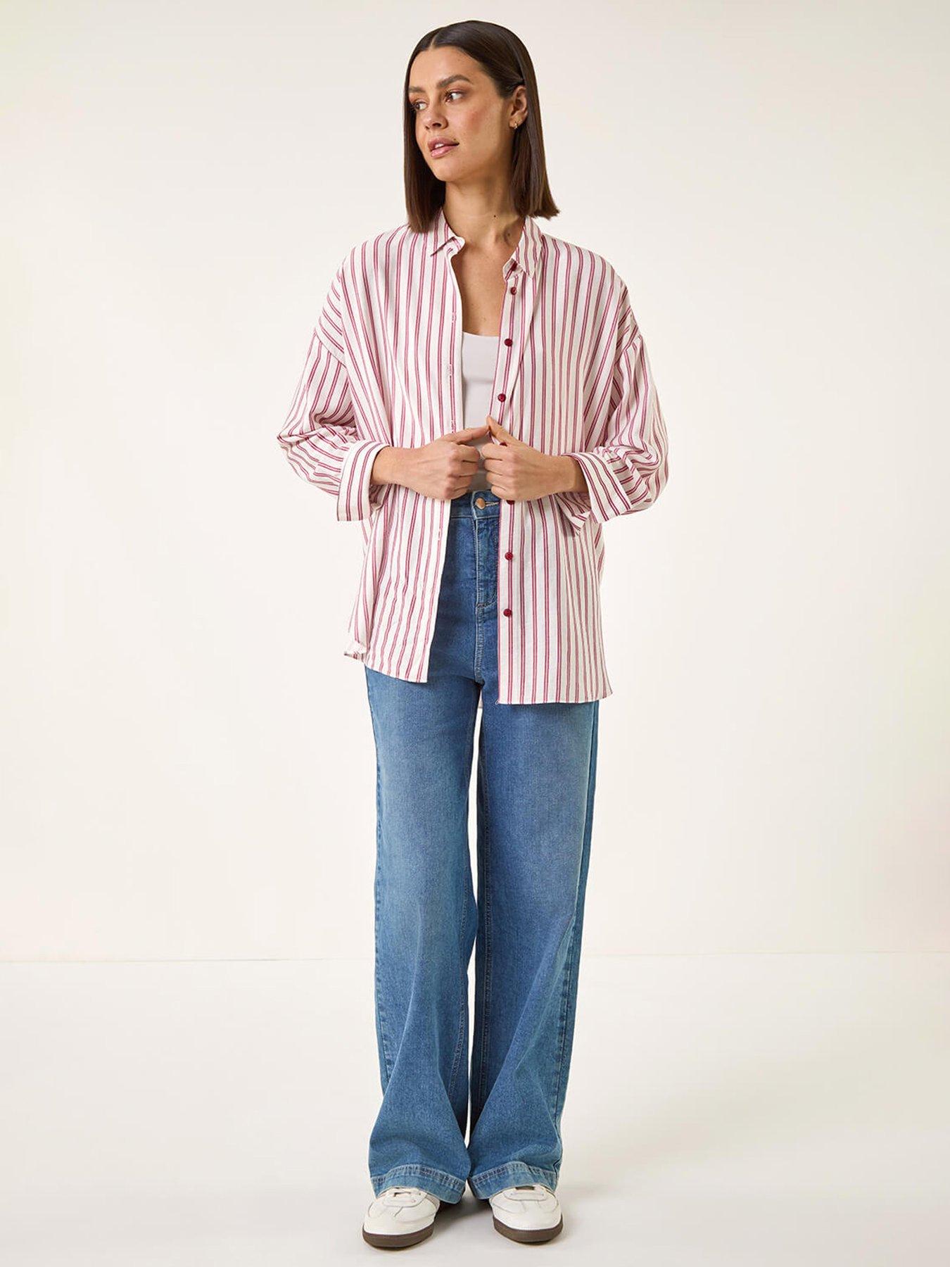  image of roman-stripe-print-button-blouse