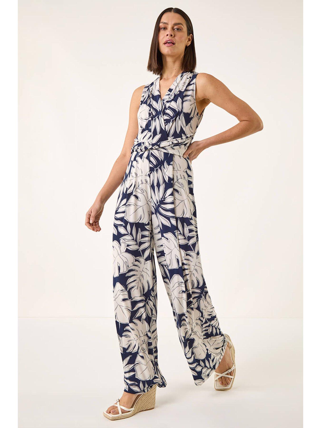  image of roman-palm-leaf-print-stretch-jumpsuit