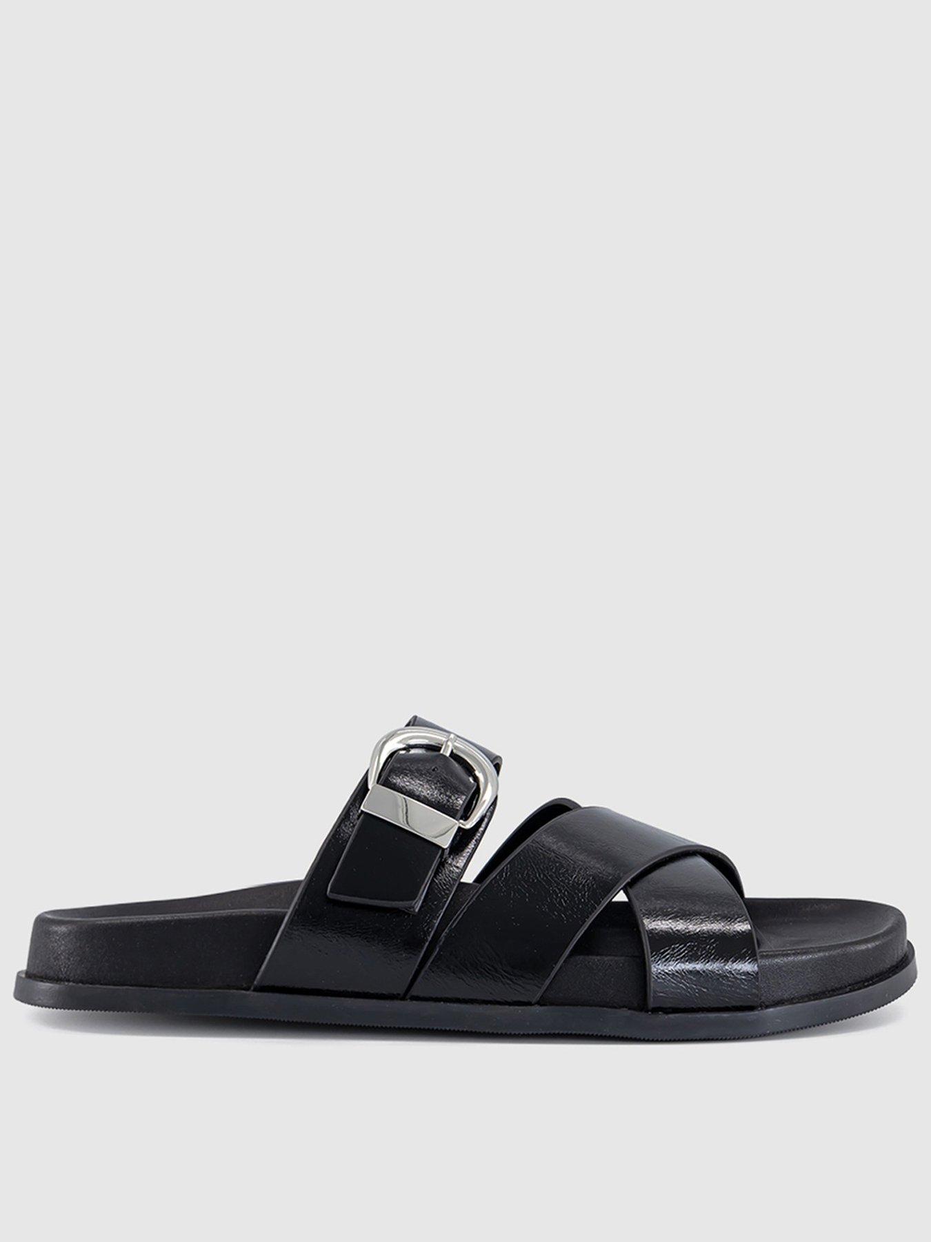 OFFICE Stella - Cross Strap Buckle Detail Footbed Slider - Black Shiny