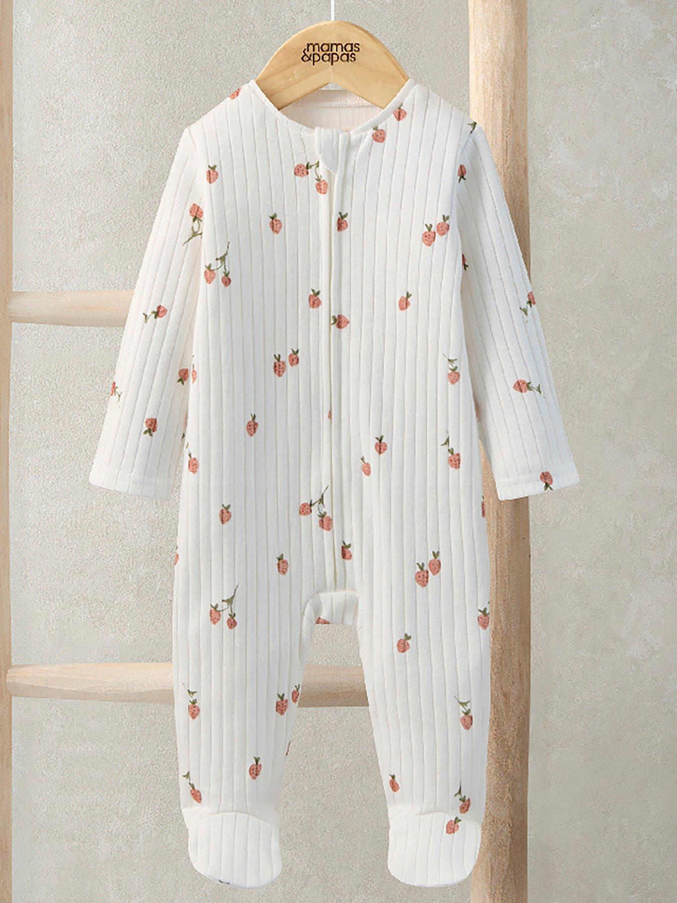 Image 1 of 2 of Mamas & Papas Baby Girls Strawberry Ribbed Zip Sleepsuit - Cream