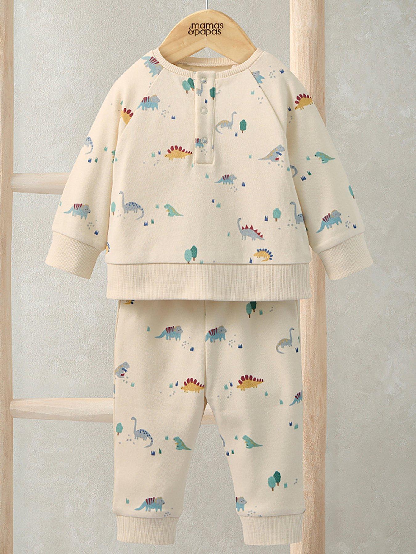 Mamas & Papas Baby Boys Jersey Dinosaur Print Pyjamas - Stone