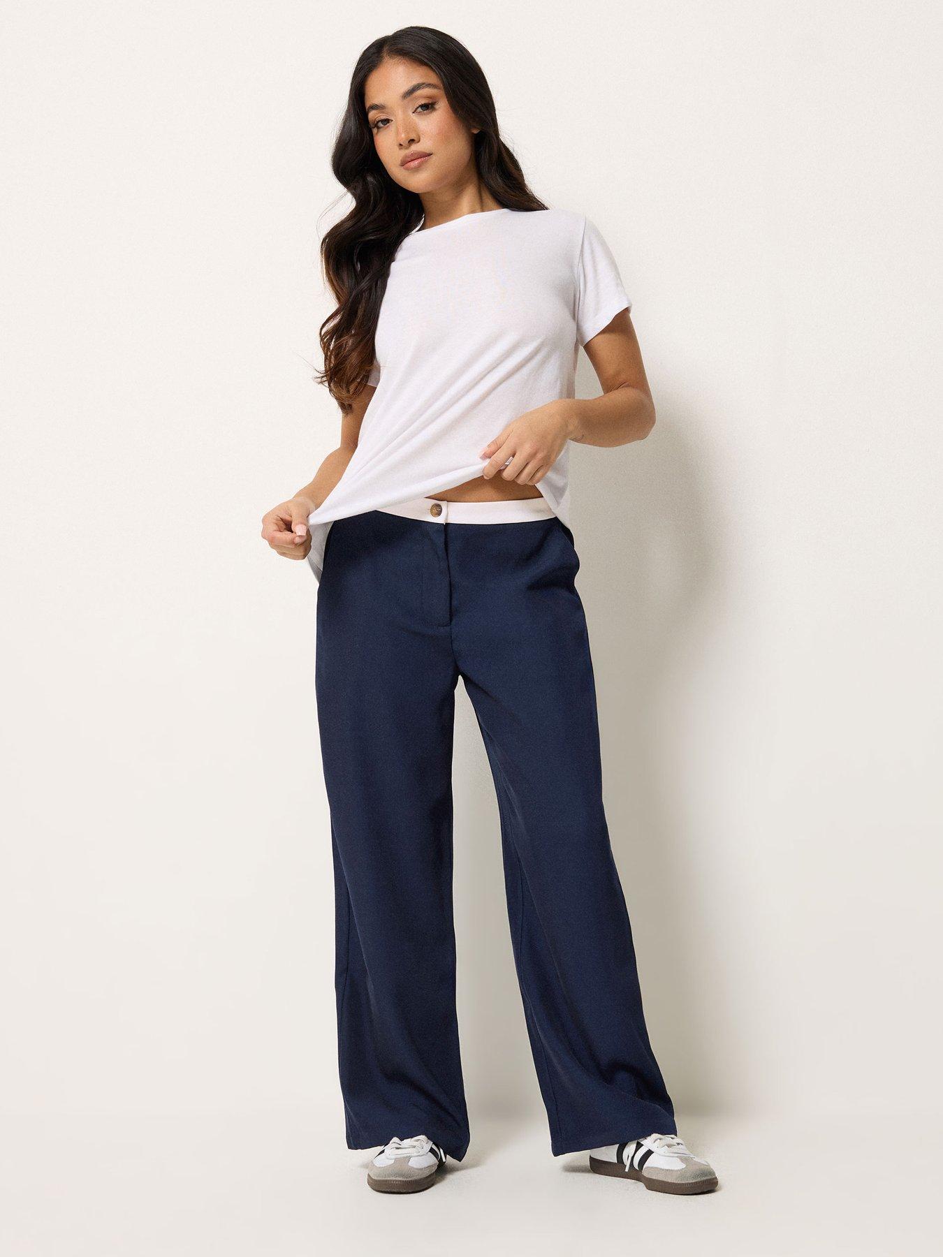  image of pixiegirl-petite-button-detail-wide-leg-trouser-blue