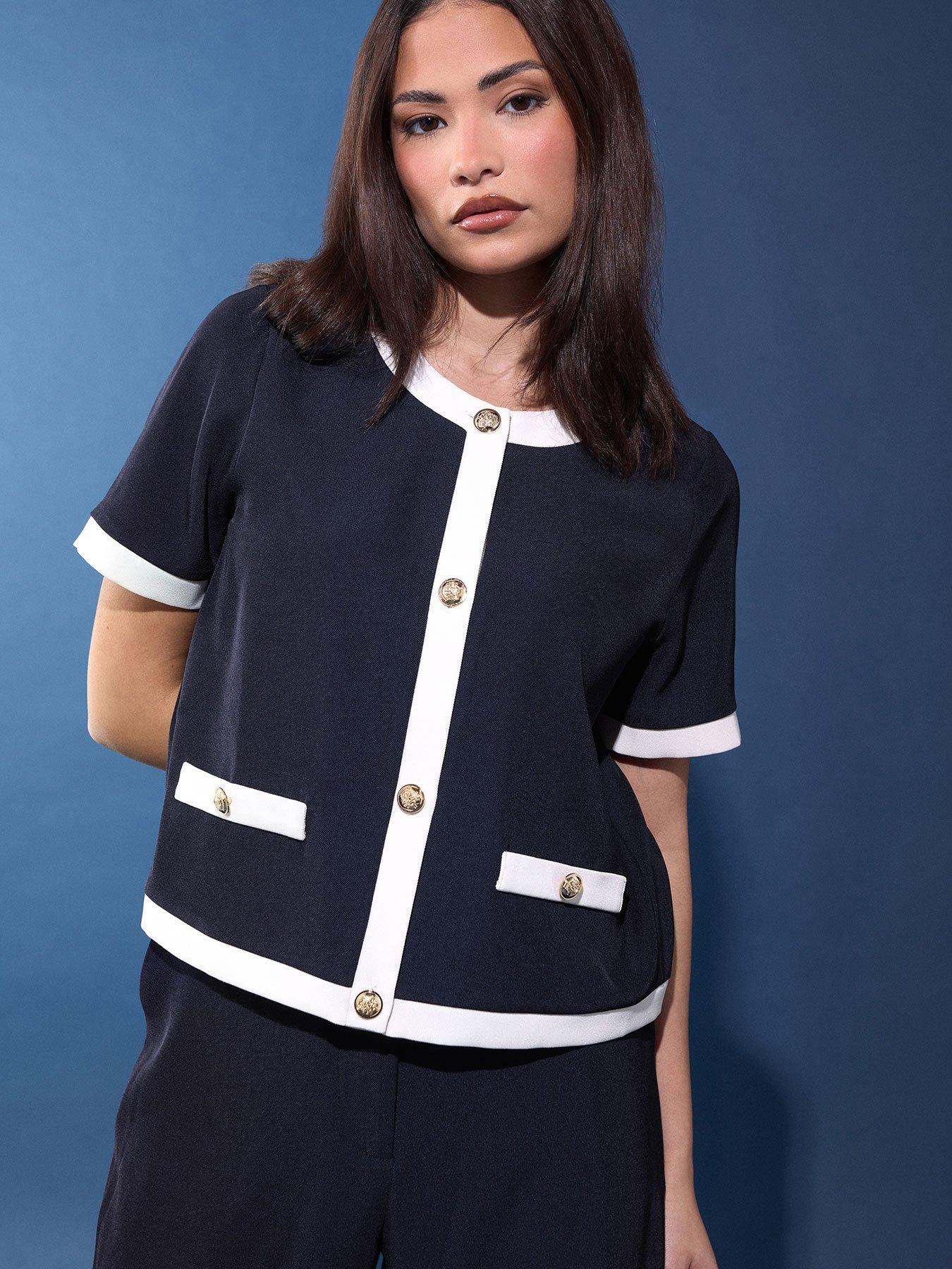PixieGirl Petite Button Contrast Trim Short Sleeve Blouse