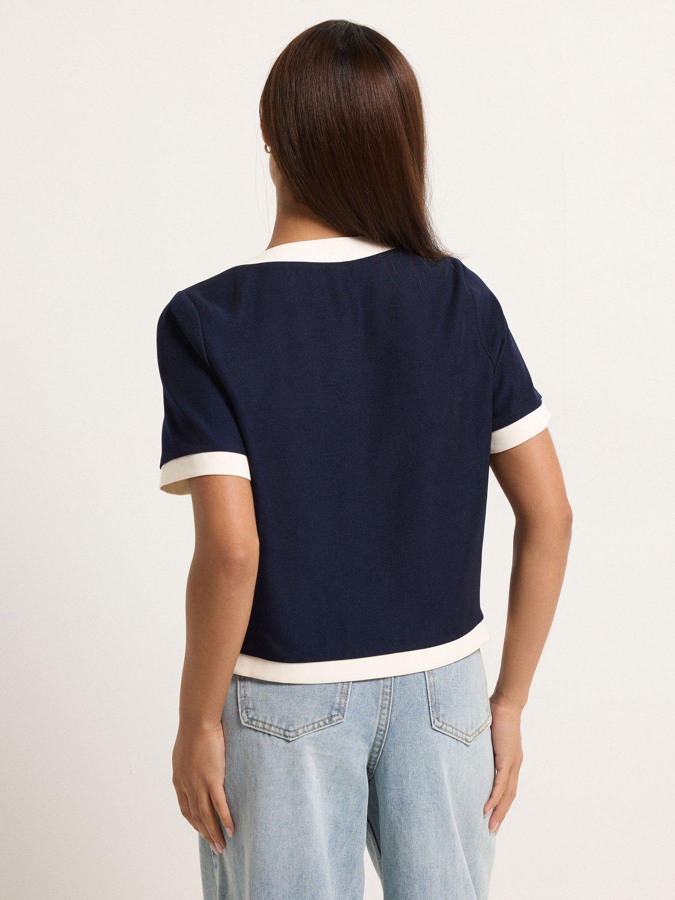 Image 2 of 5 of PixieGirl Petite Button Contrast Trim Short Sleeve Blouse