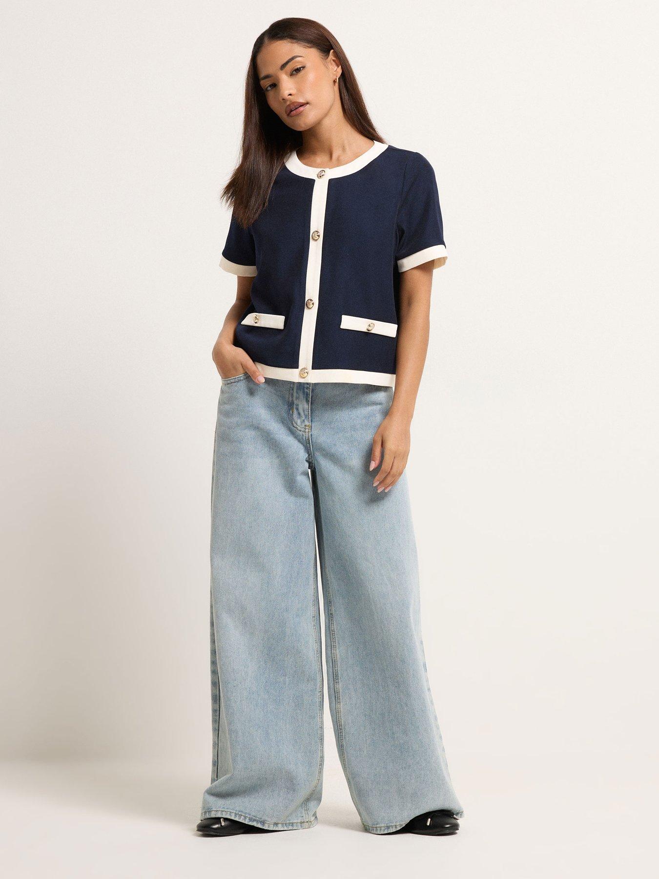 Image 3 of 5 of PixieGirl Petite Button Contrast Trim Short Sleeve Blouse