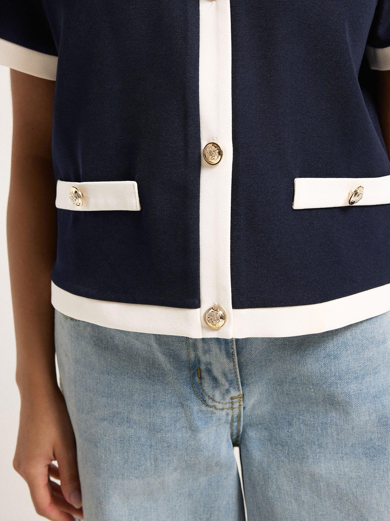 Image 4 of 5 of PixieGirl Petite Button Contrast Trim Short Sleeve Blouse