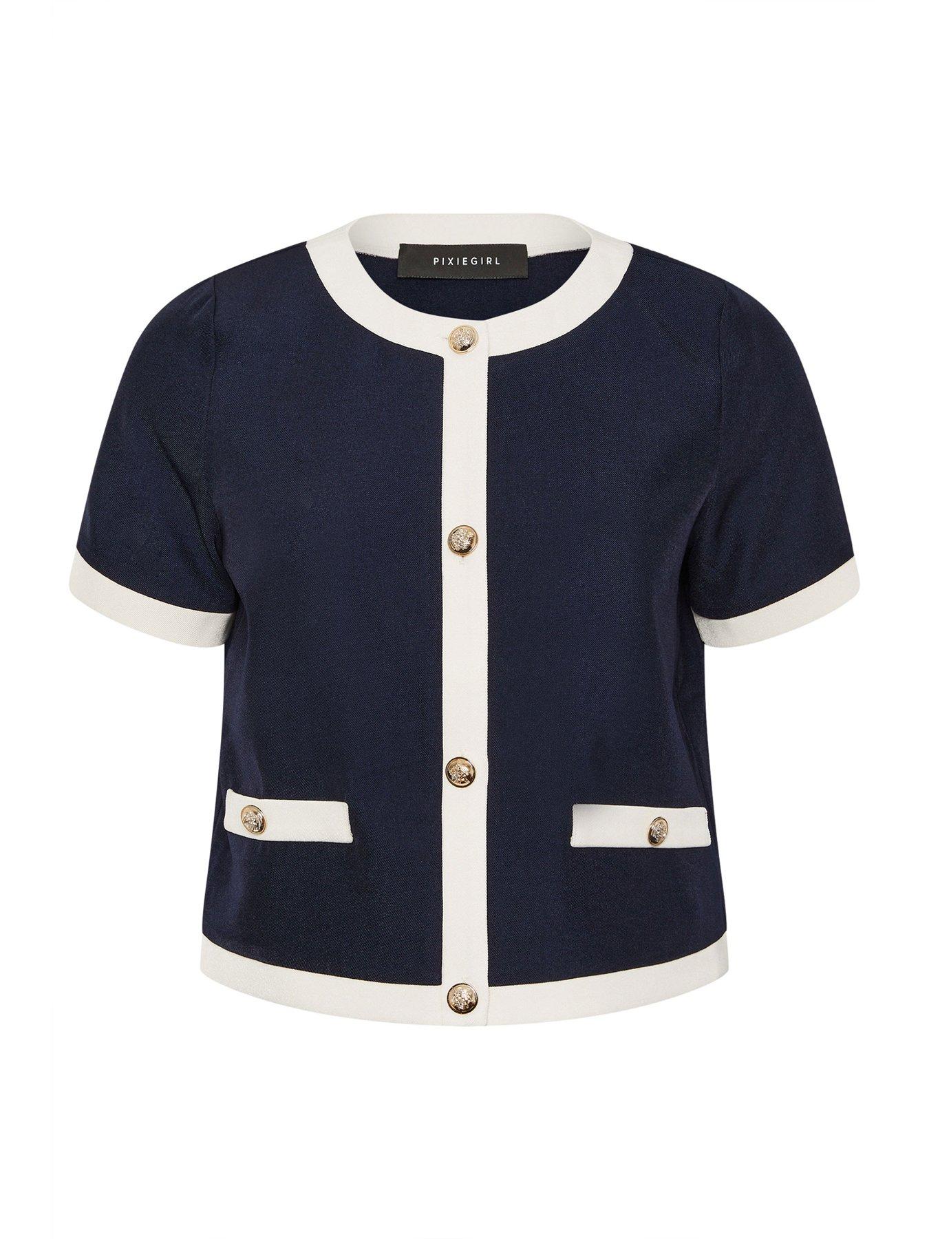 Image 5 of 5 of PixieGirl Petite Button Contrast Trim Short Sleeve Blouse