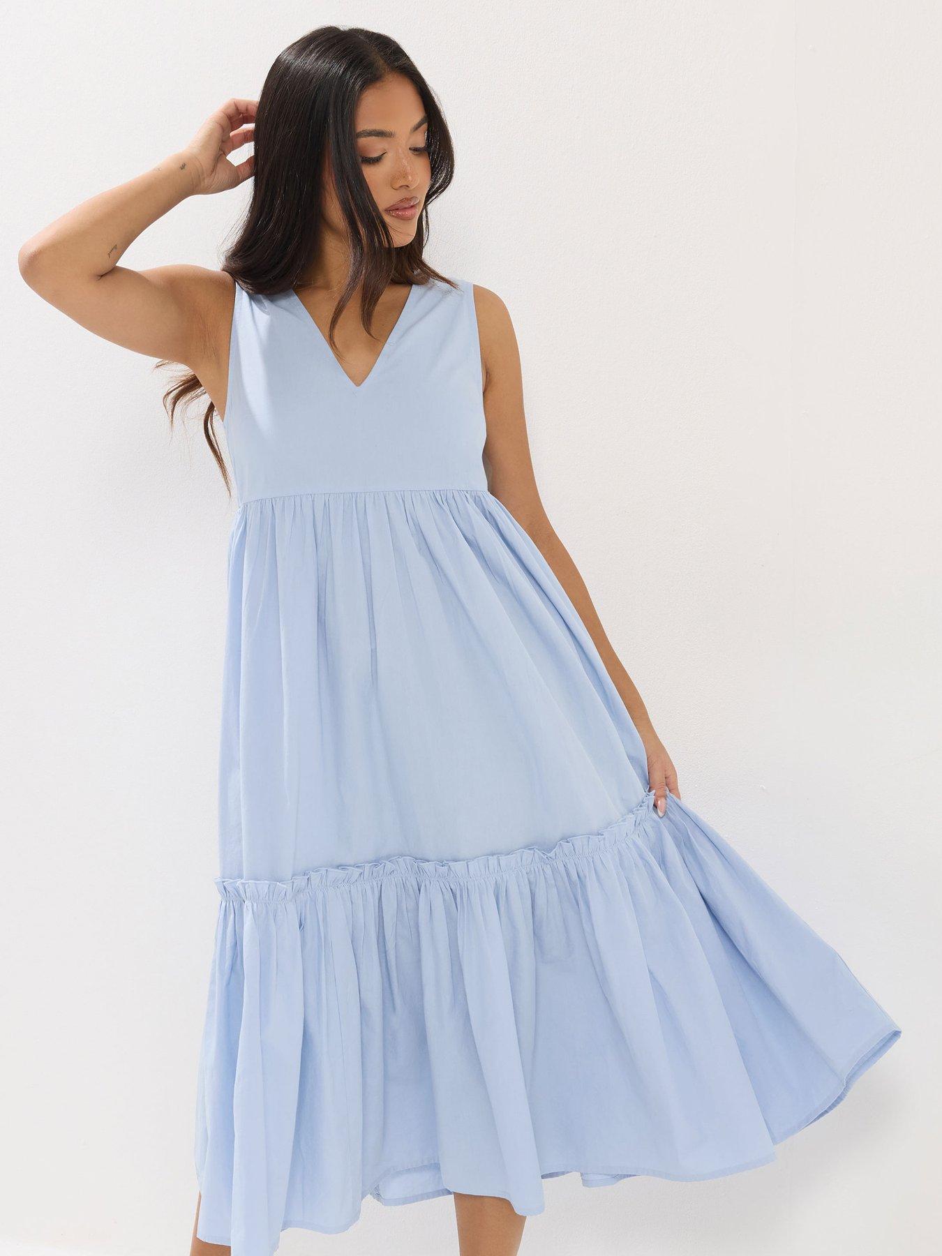Image 3 of 5 of PixieGirl Petite Frill Tiered Midi Dress - Blue