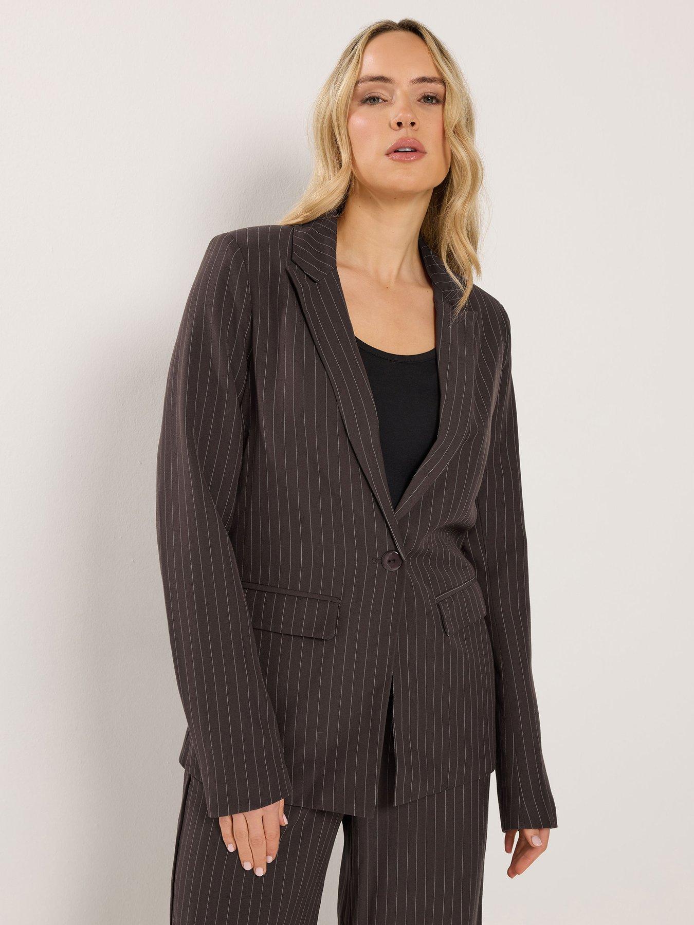 front image of long-tall-sally-pinstripe-blazer-brown