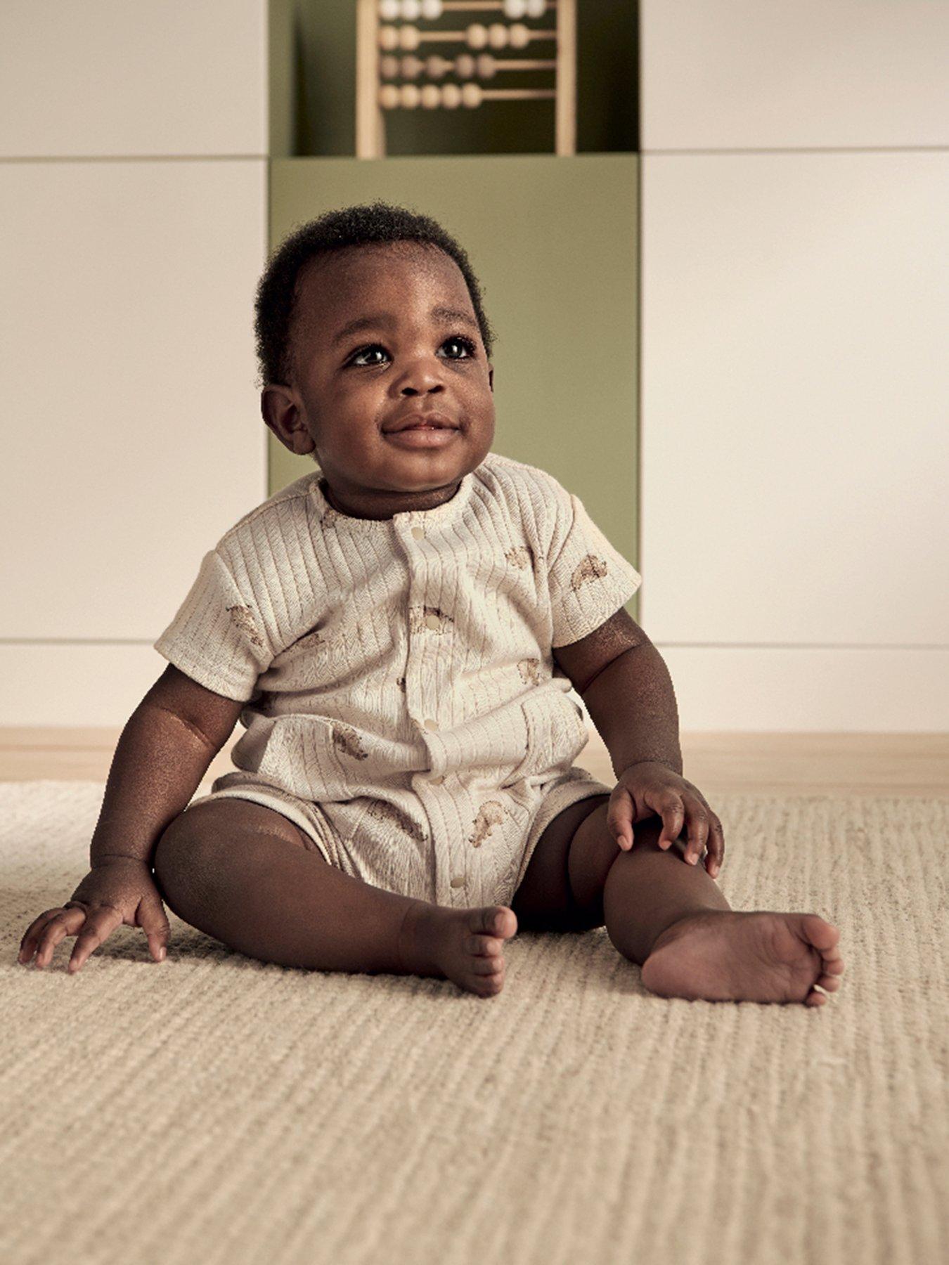 Image 1 of 3 of Mamas & Papas Baby Boys Rhino Print Ribbed Jersey Romper - Beige