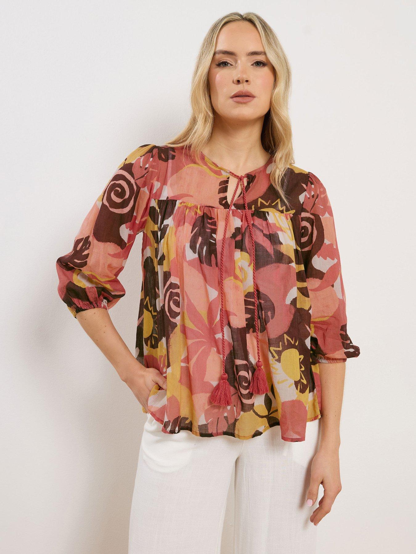 Long Tall Sally Tie Neck Tassel Blouse - Brown