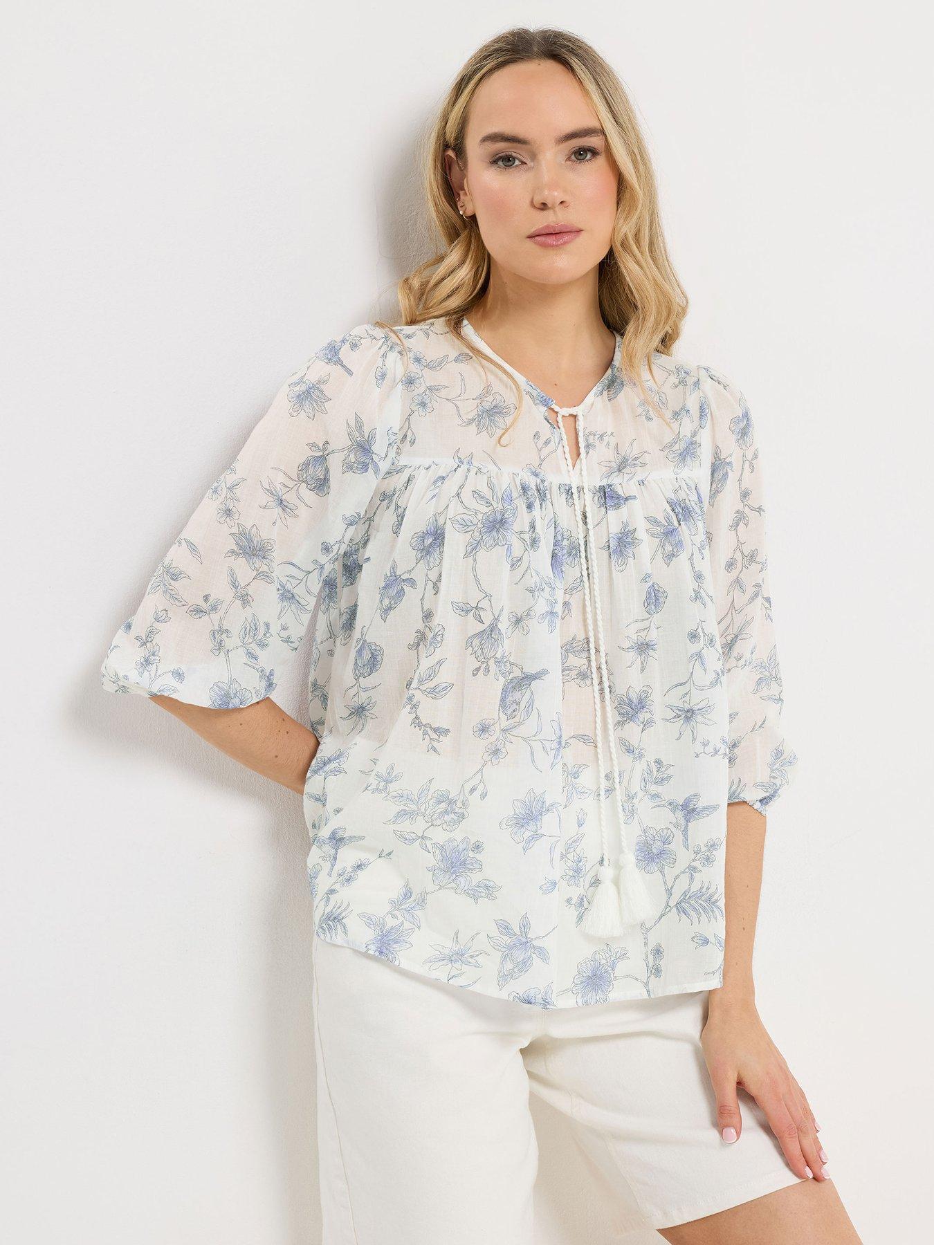 Long Tall Sally Floral Tassel Tie Blouse - Blue