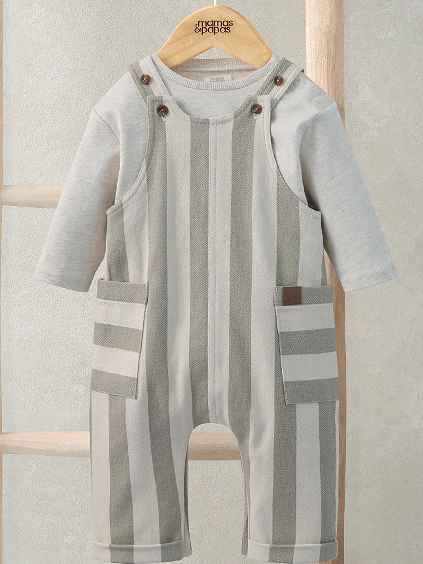 Mamas & Papas Baby Boys 2 Piece Stripe Dungarees  &  Ribbed Top Set - Green