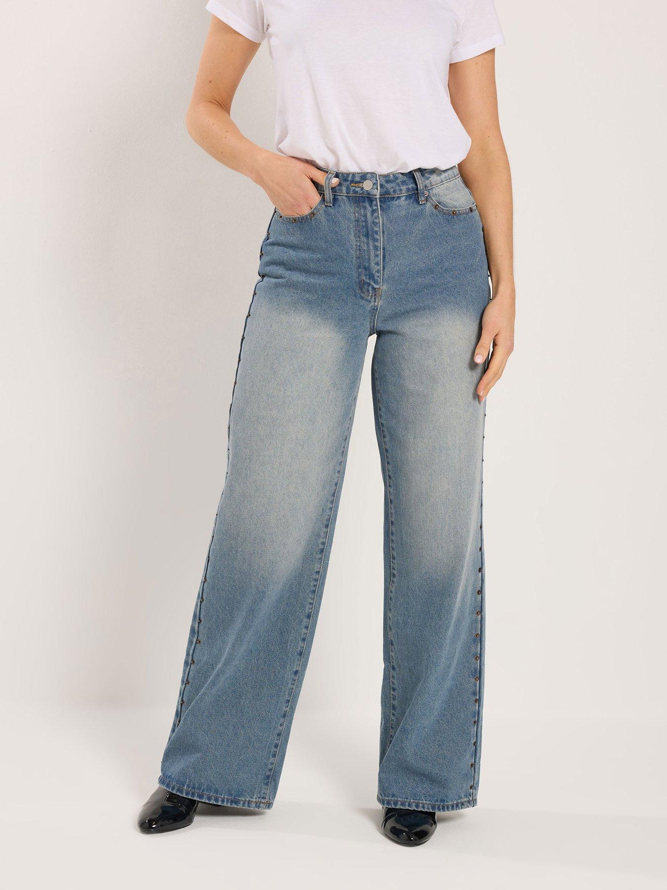 Long Tall Sally Stud Detail Wide Leg Jean 36" - Blue