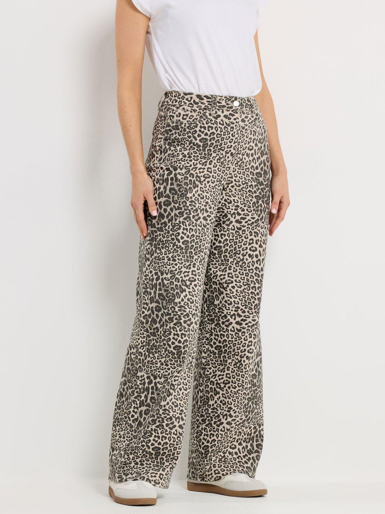 Long Tall Sally Leopard Print Wide Leg Jean 36" - Cream