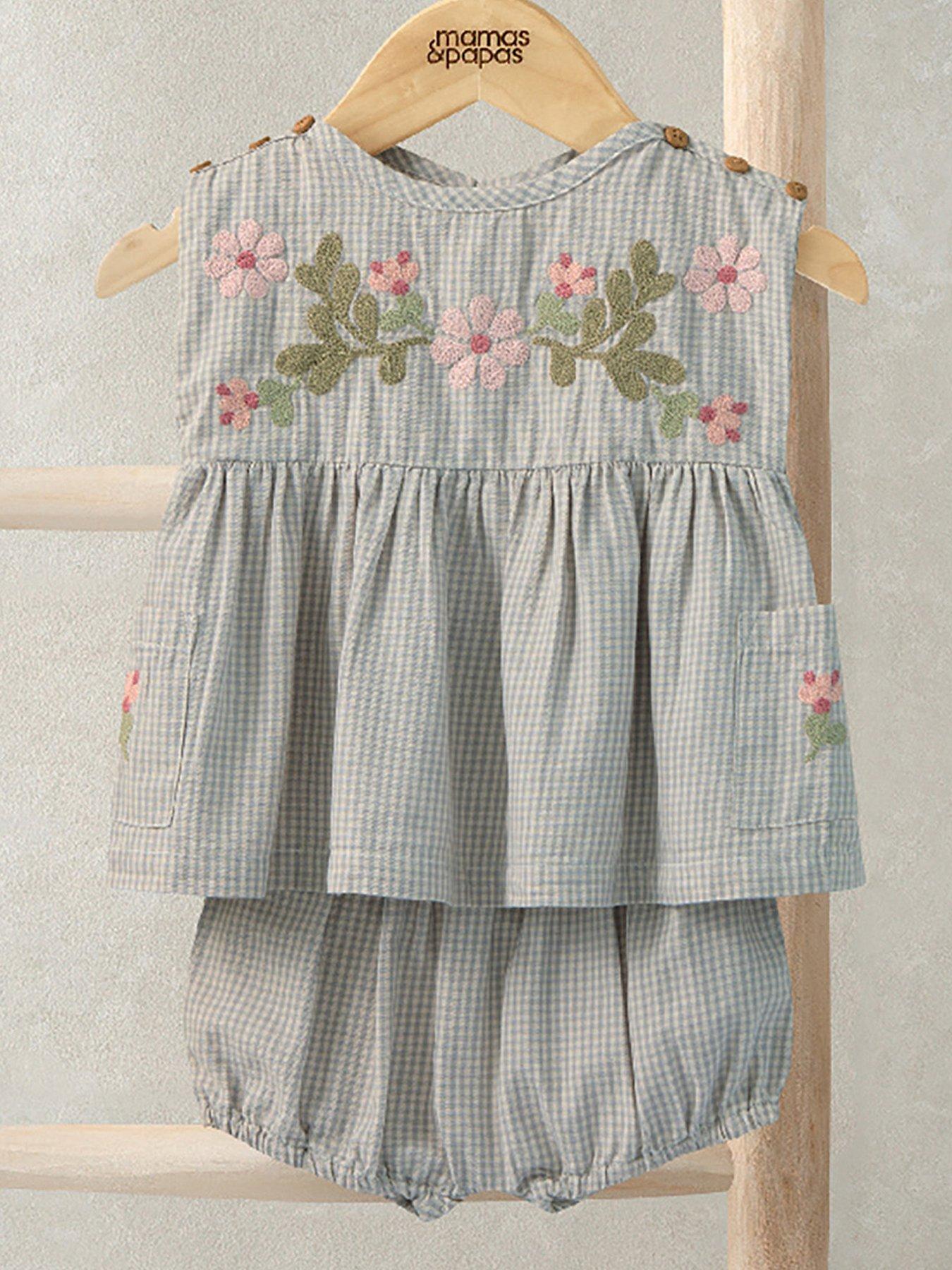 Image 1 of 5 of Mamas & Papas Baby Girls Embroidered Gingham Top &amp; Shorts Set - Grey