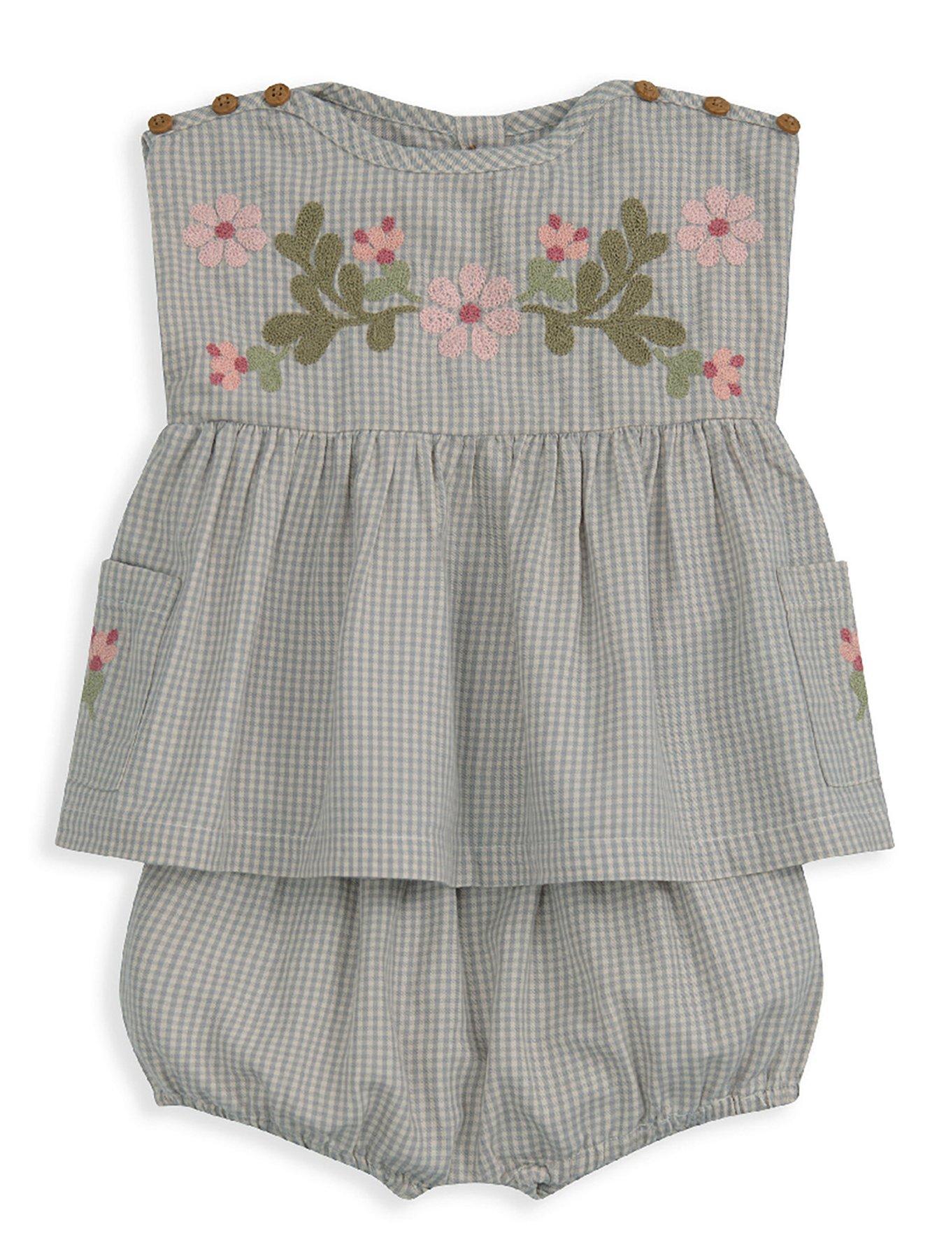 Image 3 of 5 of Mamas & Papas Baby Girls Embroidered Gingham Top &amp; Shorts Set - Grey