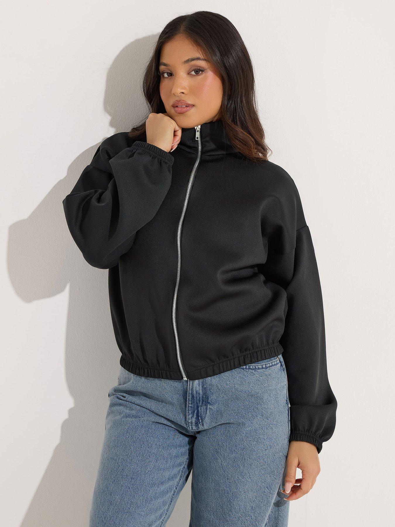 front image of pixiegirl-petite-scuba-funnel-neck-zip-jacket-black