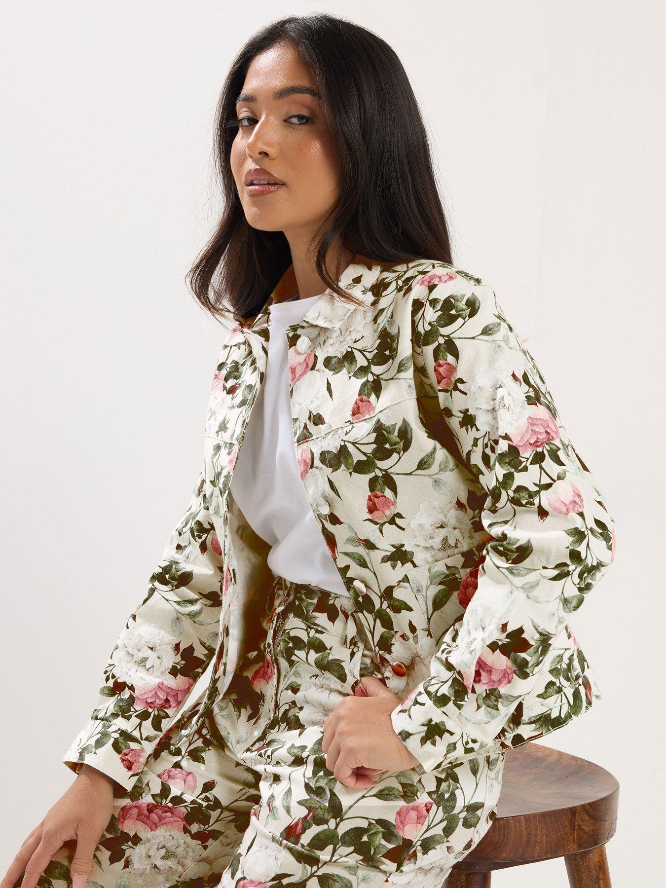 PixieGirl Petite Floral Print Denim Jacket - White