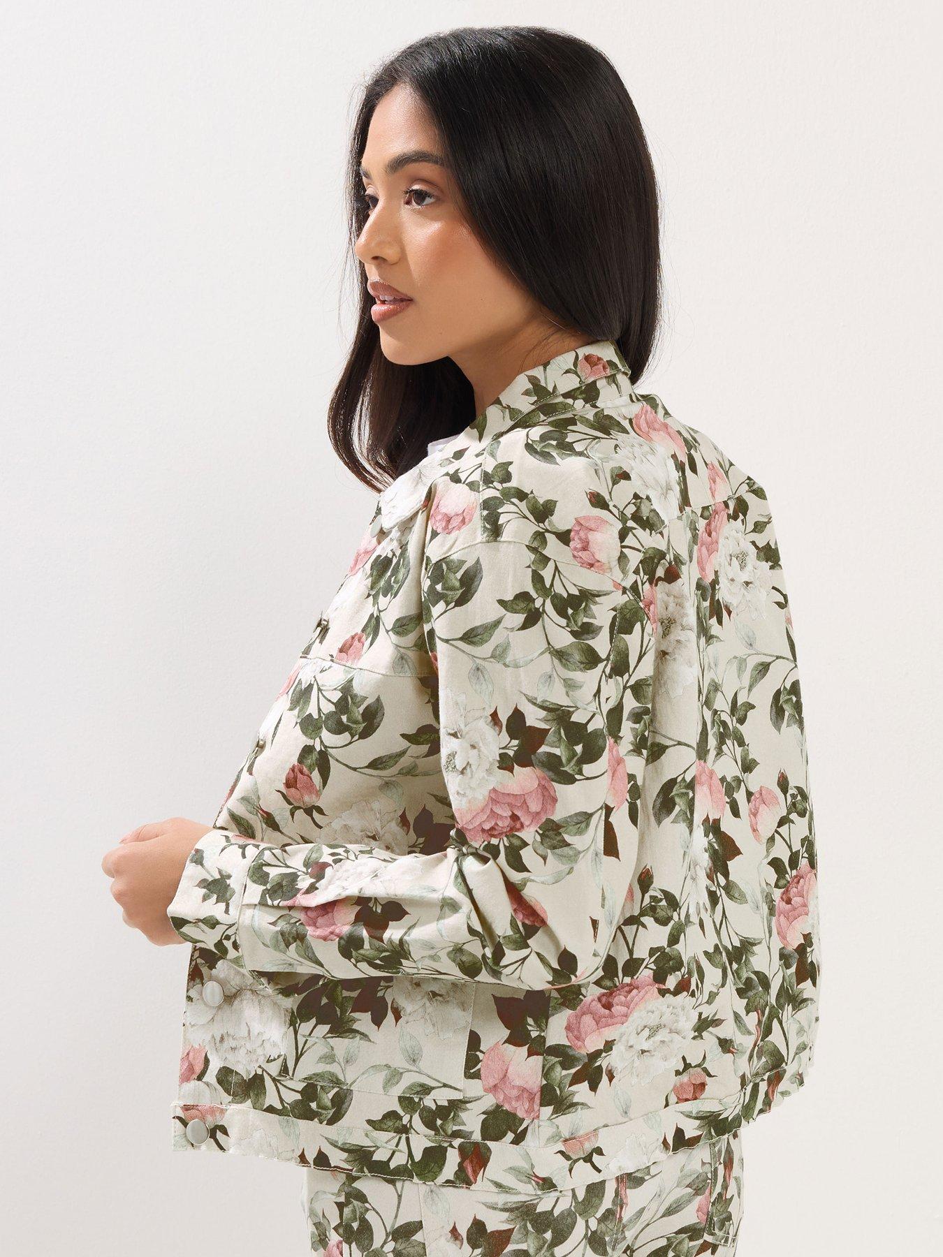 Image 2 of 5 of PixieGirl Petite Floral Print Denim Jacket - White