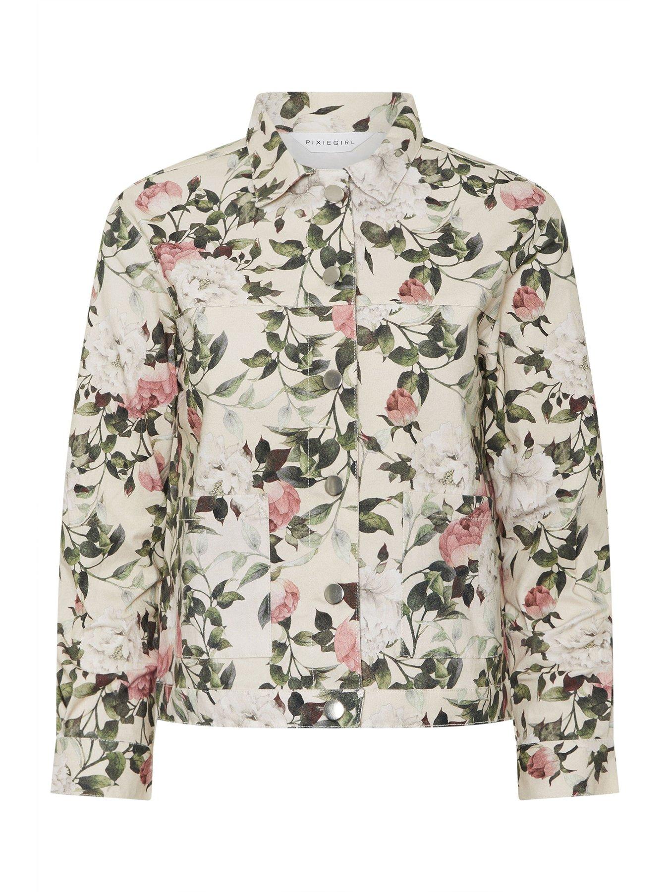 Image 5 of 5 of PixieGirl Petite Floral Print Denim Jacket - White