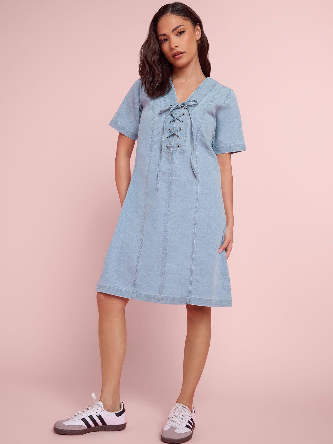 PixieGirl Petite Stretch Denim Lace Up Dress - Blue