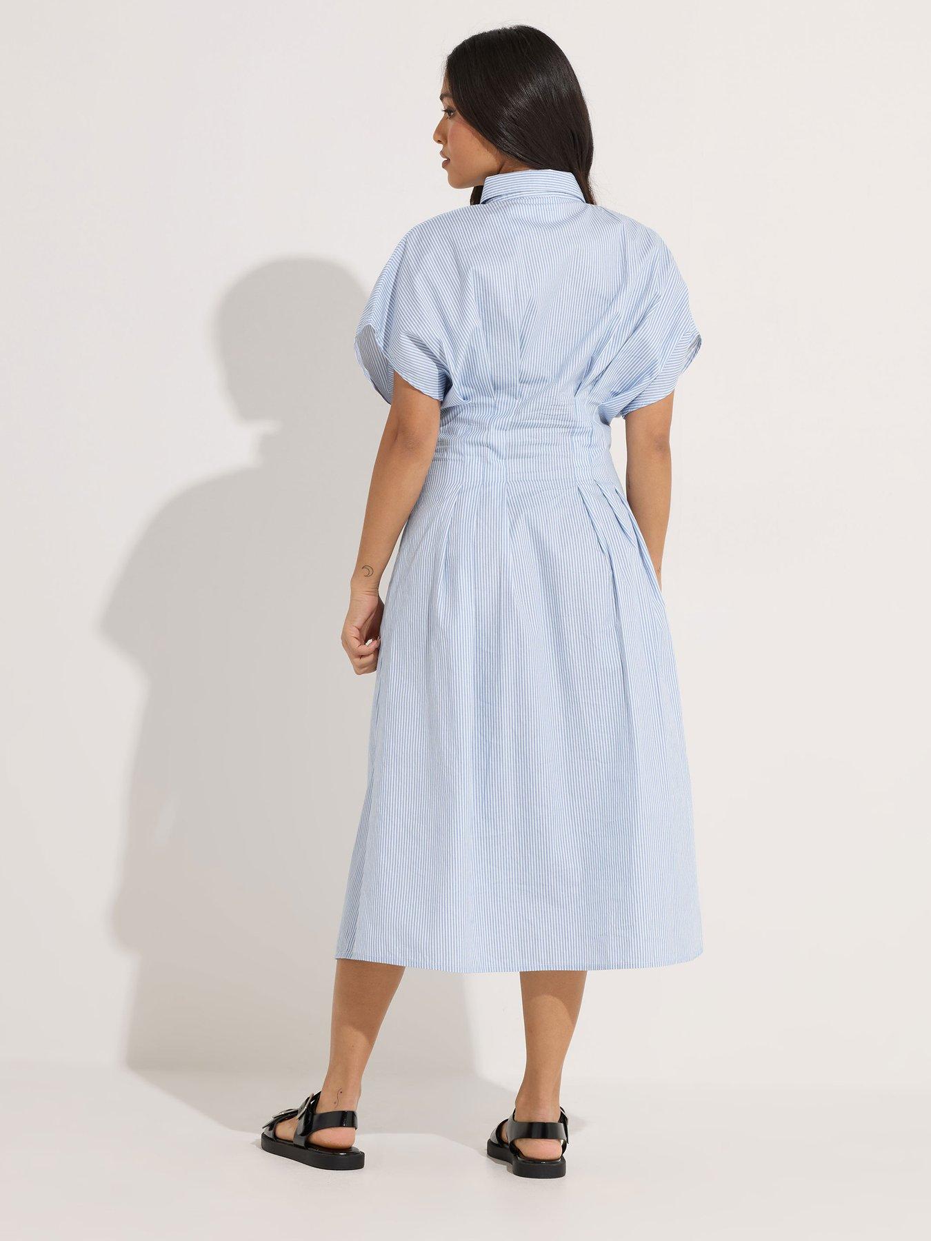 Image 2 of 5 of PixieGirl Petite Stripe Cinch Waist Shirt Dress - Blue