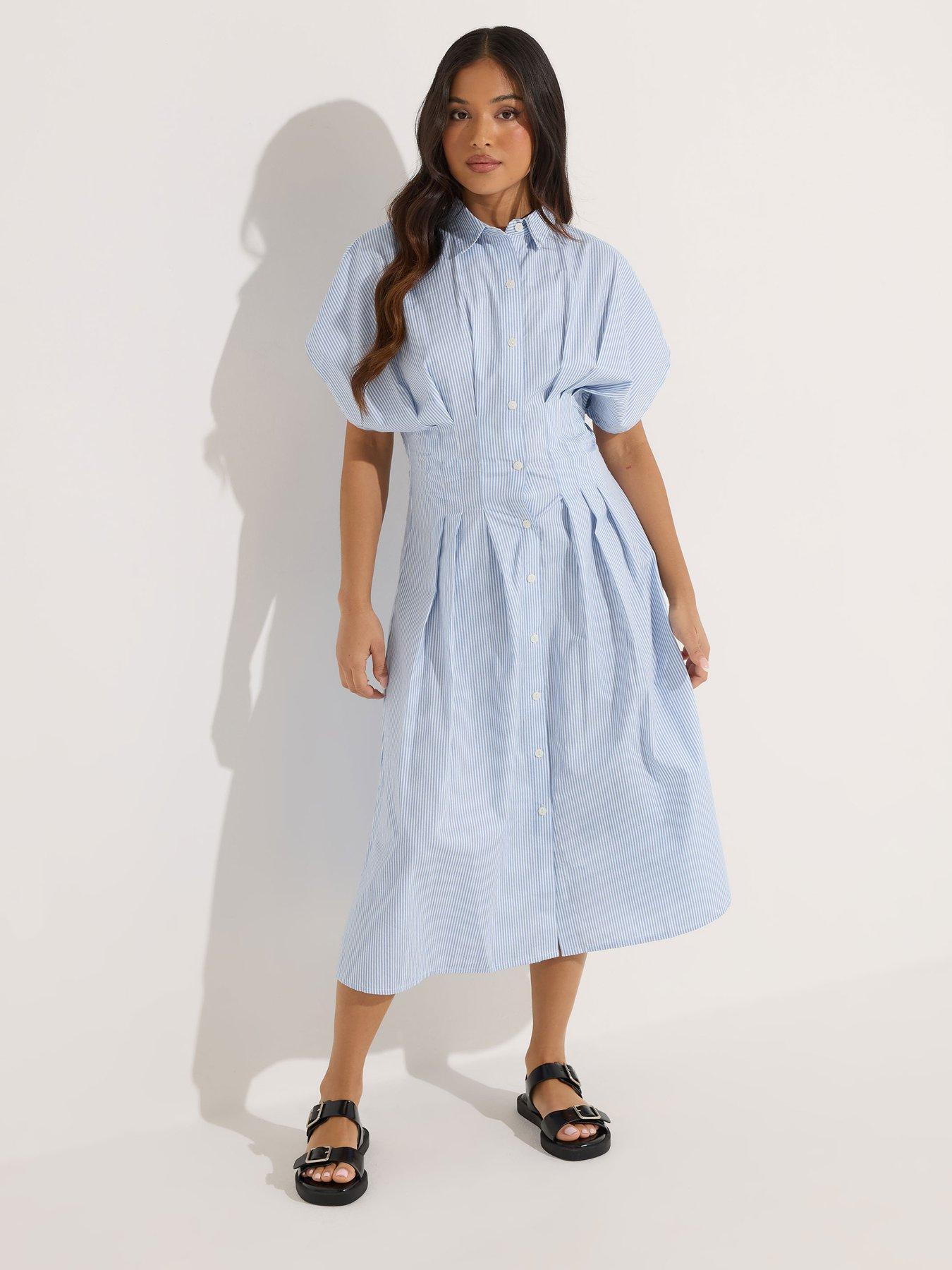 Image 3 of 5 of PixieGirl Petite Stripe Cinch Waist Shirt Dress - Blue
