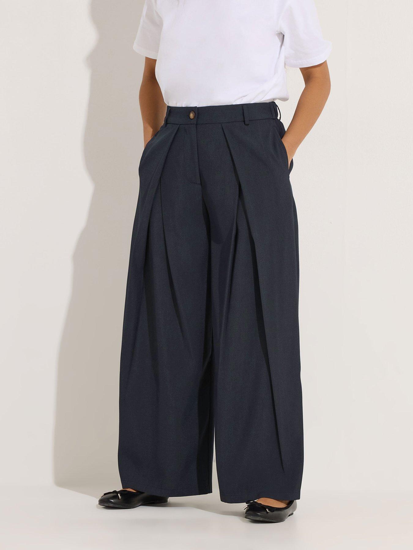 front image of pixiegirl-petite-wrap-pleat-wide-leg-trouser-blue