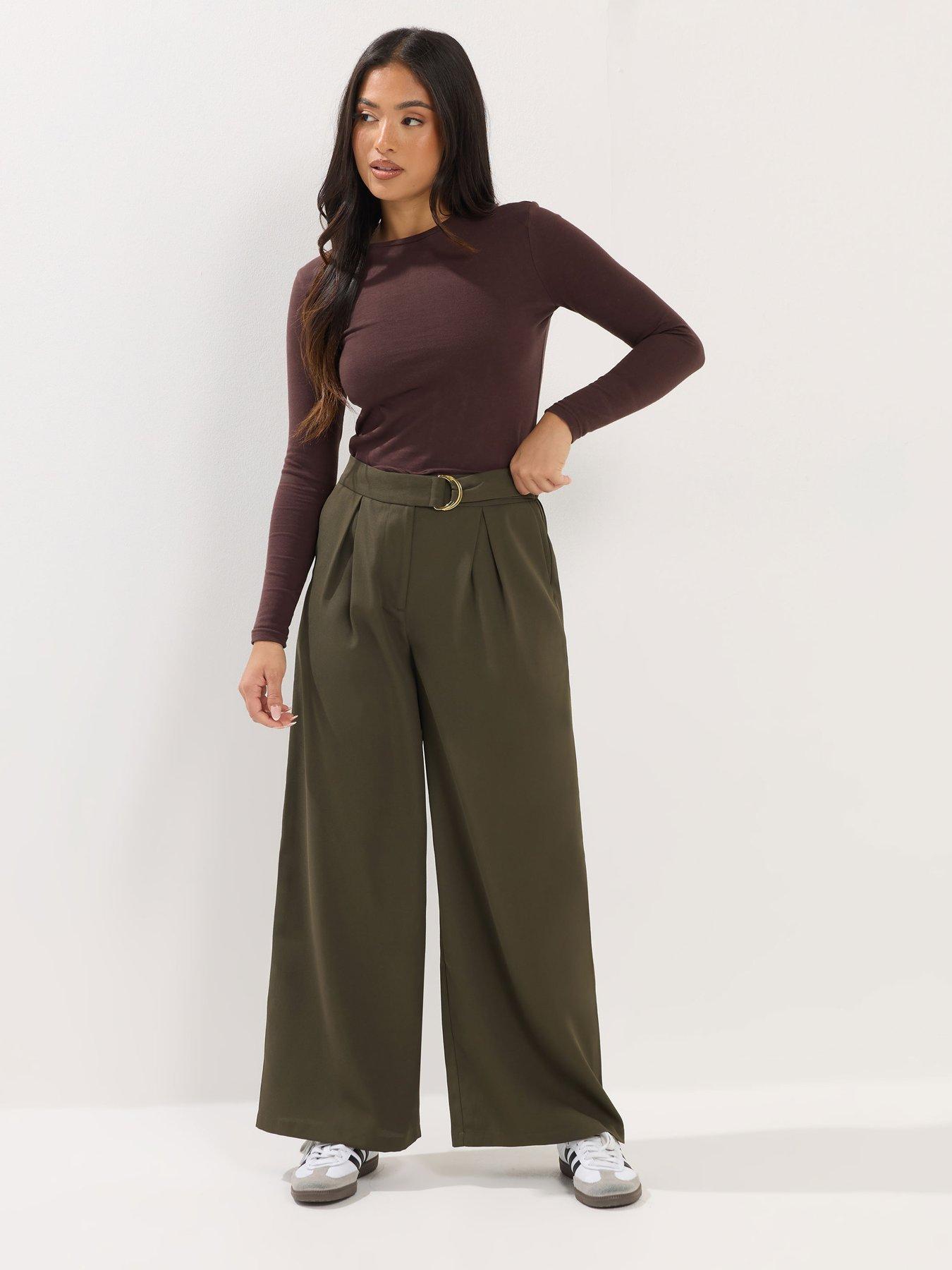 Image 3 of 5 of PixieGirl Petite Self Belt Buckle Wide Leg Trouser - Green