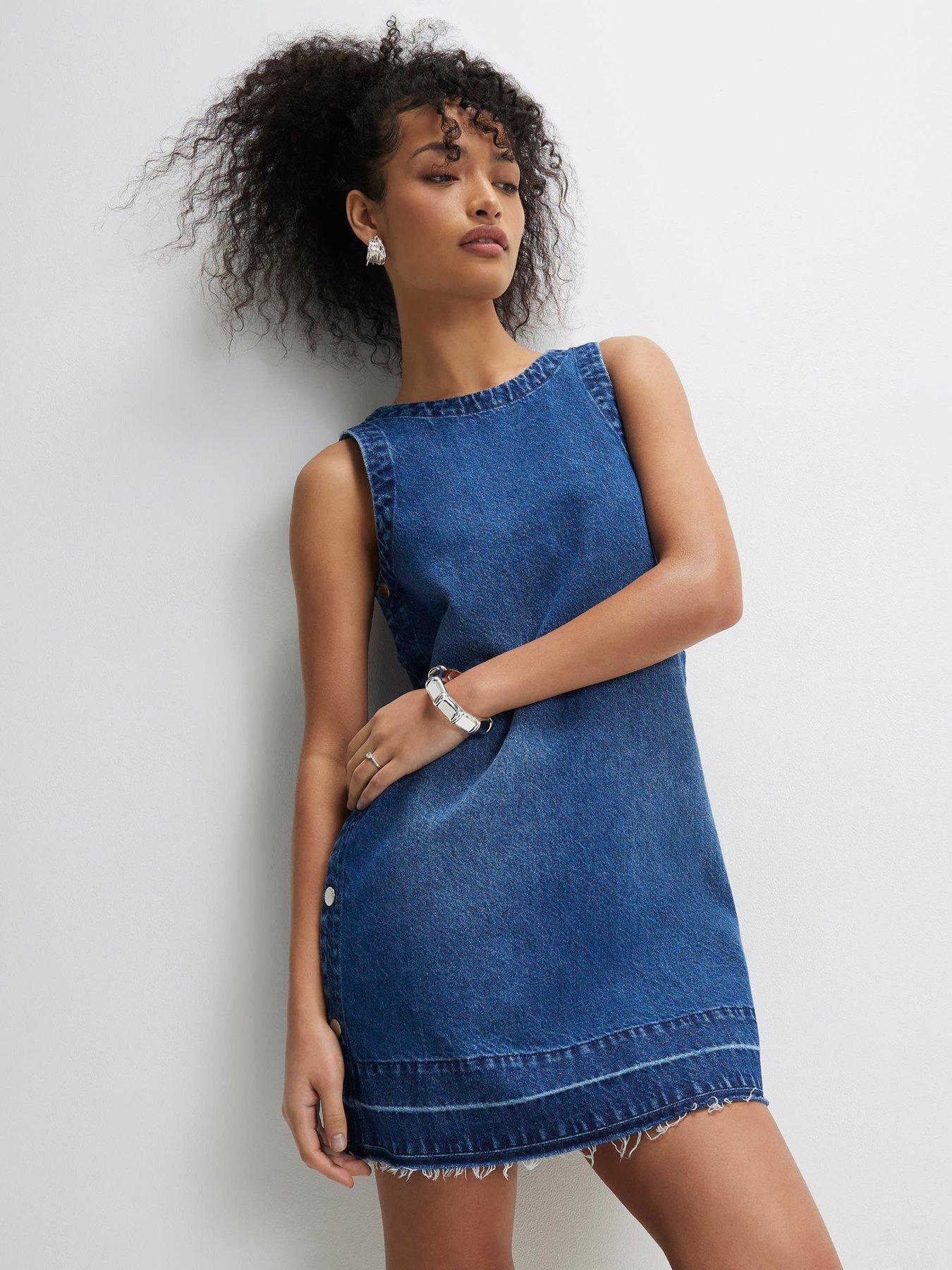Image 1 of 6 of River Island Ellis Mini&nbsp;Popper Dress - Blue
